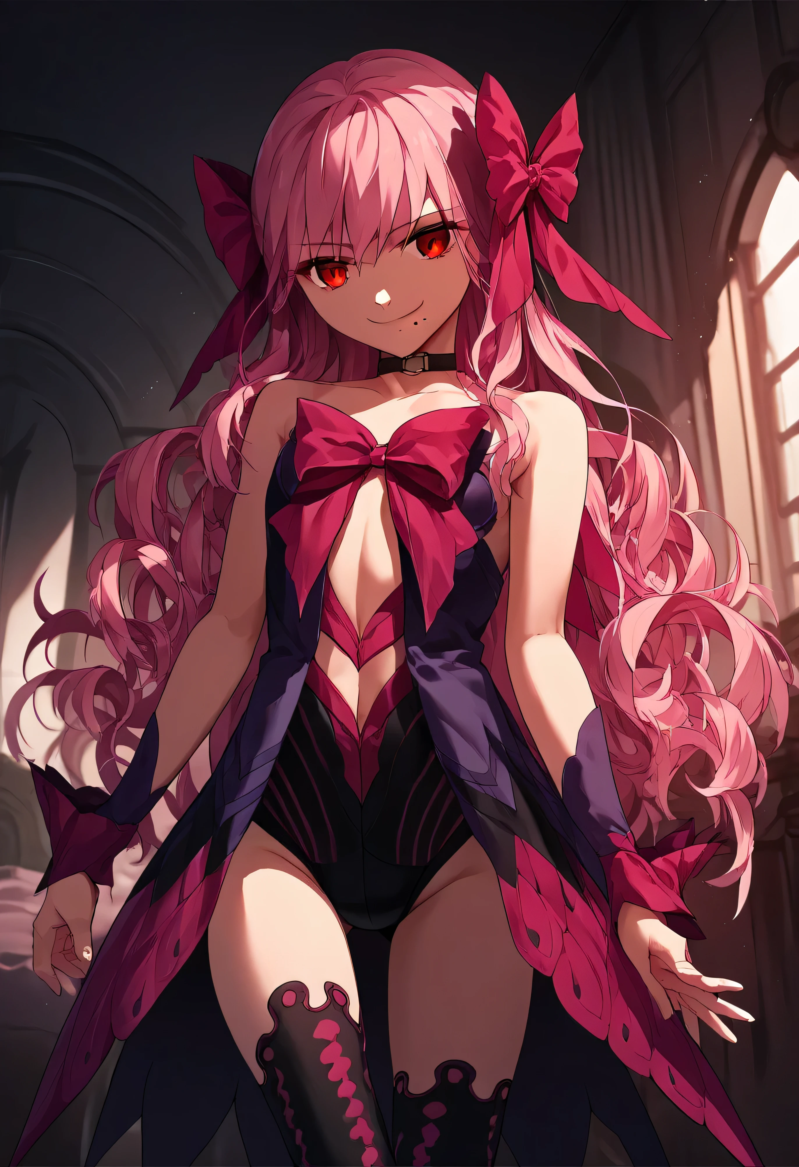 1girl, really long hair, pink hair, red eyes, mole under mouth, hair bow, choker, ribbon, leotard, center opening, bare shoulders, black thighhighs, wrist cuffs, laying, standing, cowboy shot, indoors, gothic, bedroom,  score_9, score_8_up, score_7_up, score_6_up, score_5_up, score_4_up, BREAK source_anime, masterpiece,,very evil smile,best quality,looking down at viewer