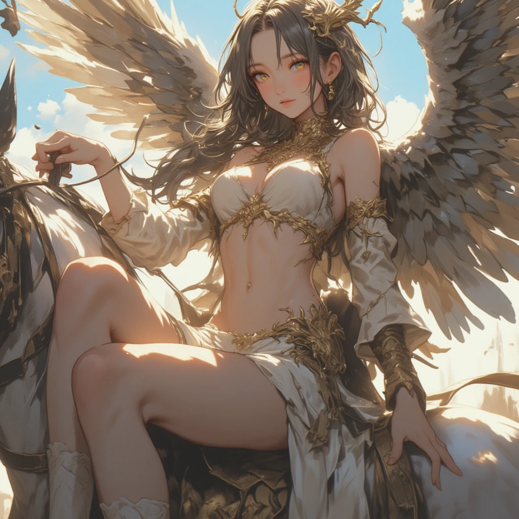 复杂 3D 渲染超精细美丽瓷器轮廓woman脸, , Integrated Circuit Parts, 150 mm, Beautiful studio soft lighting, rim Light, Vivid details, Luxury Cyberpunk, Lace, hyperactual, anatomy,((Full and soft breasts,)))(((Large Breasts))) (((Cleavage)))**typemoon style, marvelous, woman, Primordial warrior, Native American Armor, Pale skin, Long wavy hair, Empty Expression. In the background, There is a huge primitive bird in the field