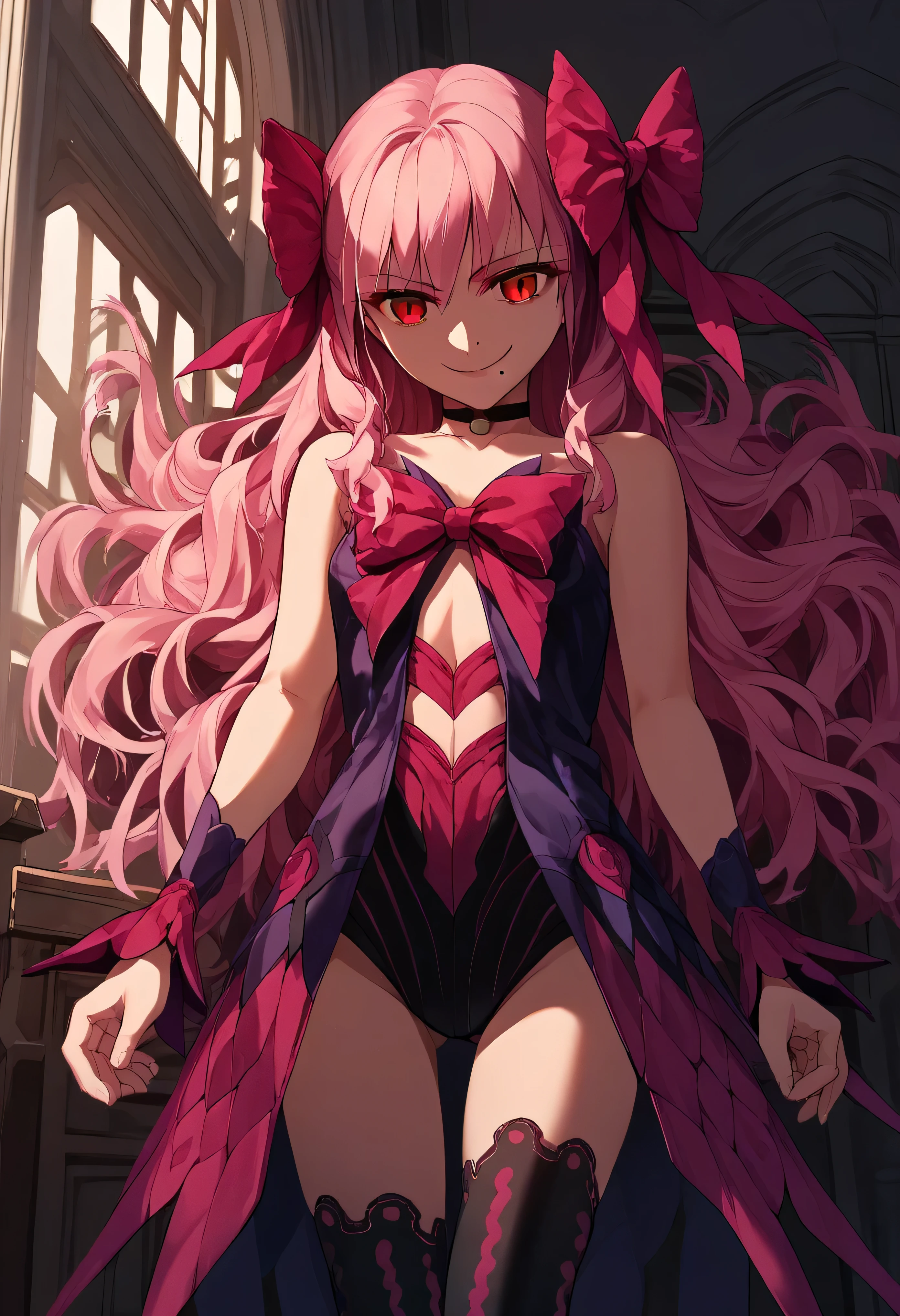 1girl, really long hair, pink hair, red eyes, mole under mouth, hair bow, choker, ribbon, leotard, center opening, bare shoulders, black thighhighs, wrist cuffs, laying, standing, cowboy shot, indoors, gothic, bedroom, score_9, score_8_up, score_7_up, score_6_up, score_5_up, score_4_up, BREAK source_anime, masterpiece,,very evil smile,best quality,looking down at viewer