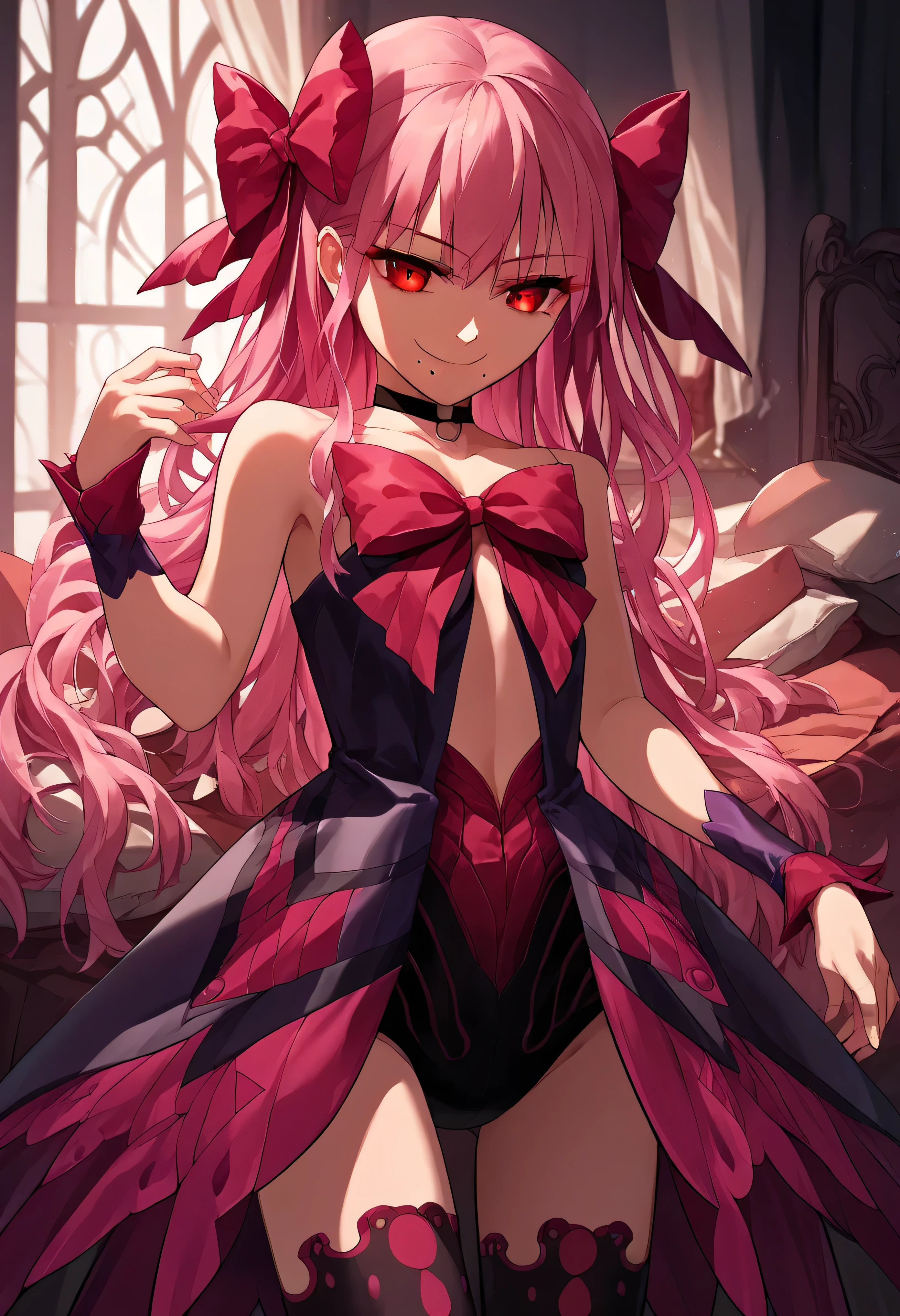 1girl, really long hair, pink hair, red eyes, mole under mouth, hair bow, choker, ribbon, leotard, center opening, bare shoulders, black thighhighs, wrist cuffs, laying, standing, cowboy shot, indoors, gothic, bedroom,  score_9, score_8_up, score_7_up, score_6_up, score_5_up, score_4_up, BREAK source_anime, masterpiece,,very evil smile,best quality,looking down at viewer