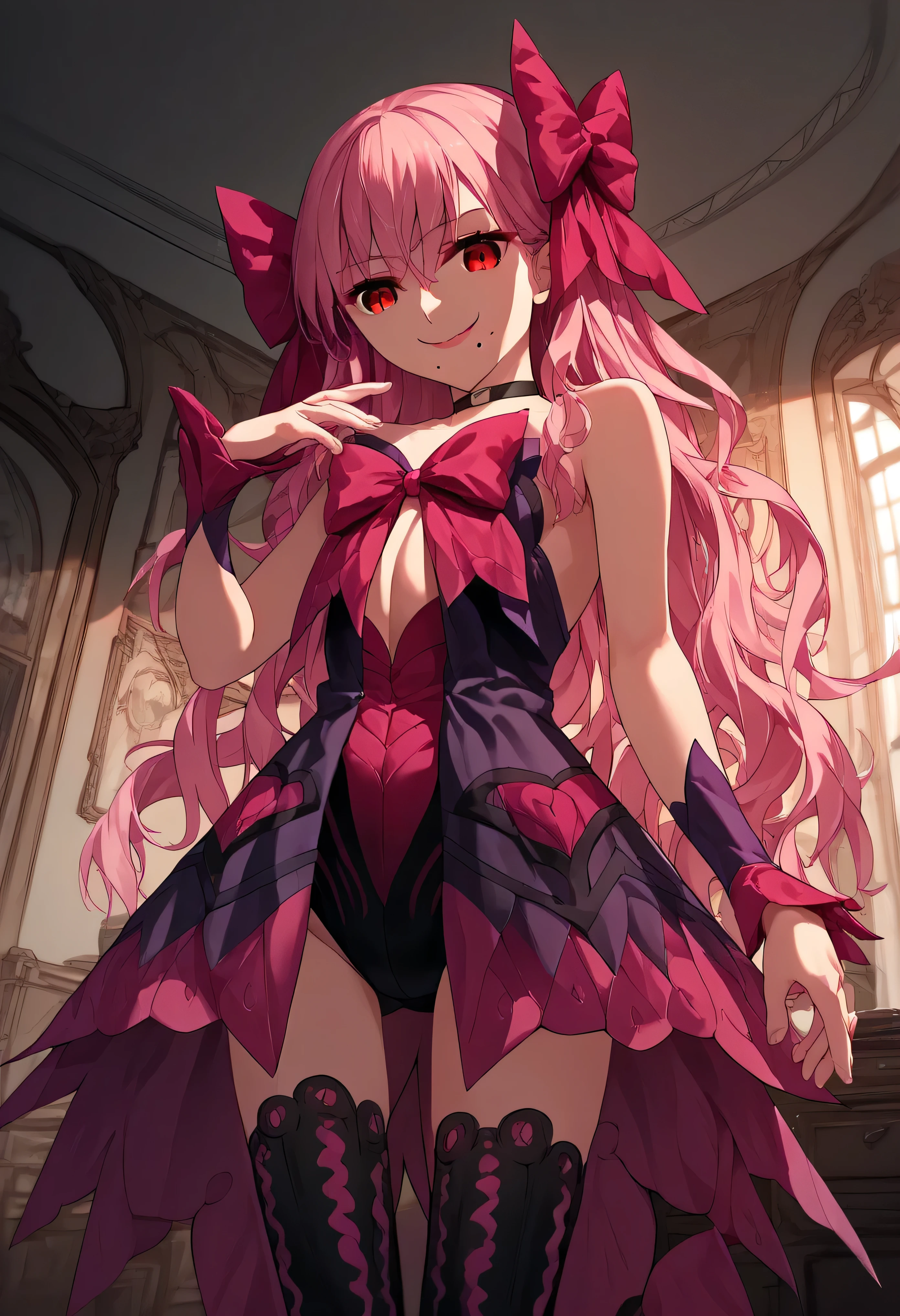 1girl, really long hair, pink hair, red eyes, mole under mouth, hair bow, choker, ribbon, leotard, center opening, bare shoulders, black thighhighs, wrist cuffs, laying, standing, cowboy shot, indoors, gothic, bedroom, score_9, score_8_up, score_7_up, score_6_up, score_5_up, score_4_up, BREAK source_anime, masterpiece,,very evil smile,best quality,looking down at viewer