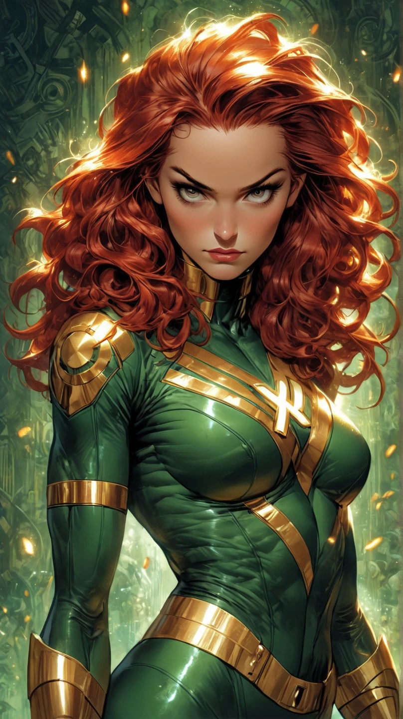 ComiDusk, tarot card style, trading card style, 1girl, solo, auburn hair, southern belle, green eyes, looking at camera, art by artgerm, in the style of salvador lacrocca, ComiDusk