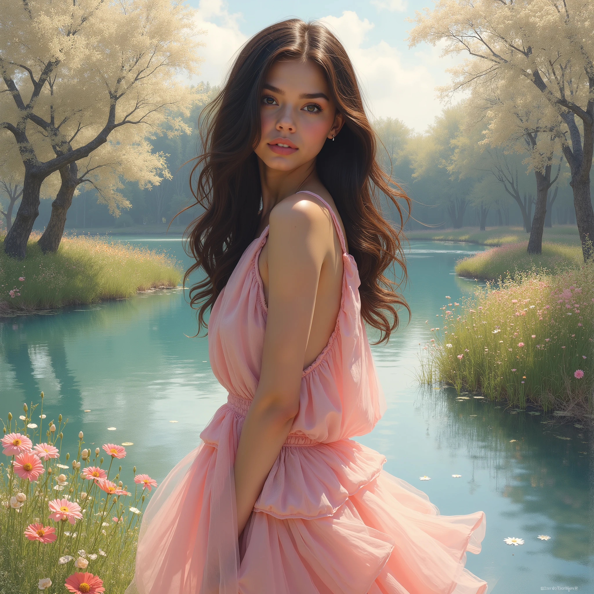 "Éliana fusionnée dans un tableau impressionniste, debout près d’un étang recouvert de nénuphars. Inspirée d’un mélange visuel entre Selena Gomez et Jenna Ortega, elle dégage une beauté captivante avec des cheveux bruns naturellement ondulés et des yeux noisette profonds et expressifs. Elle porte une robe fluide aux teintes pastel, se fondant dans des coups de pinceau vaporeux et lumineux. Le décor, inspiré de Claude Monet, présente des arbres scintillants, des fleurs délicates et un ciel éthéré, où l’art abstrait rencontre le réalisme. La lumière douce et diffuse crée une harmonie parfaite entre Éliana et ce paysage peint. Ultra-détaillé, chef-d'œuvre en 8K, photoréaliste, textures précises, lumière naturelle, studio lighting."