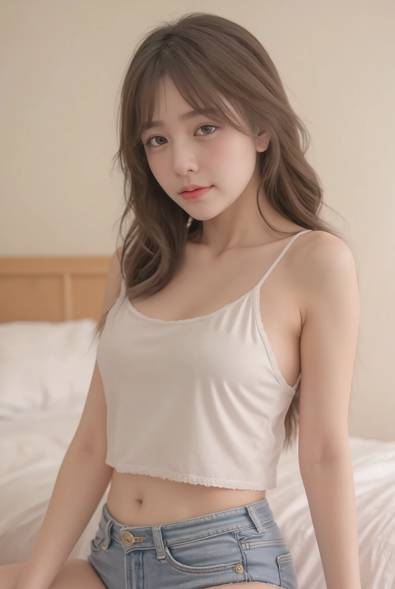 the most beautiful woman, young girl, Asian girl , 18 Year Old , beautiful eyes facing detail , wearing a spaghetti strap crop tank top, hands facing back , front chest detail , medium tits, side breast detail , sitting on bed , side view .