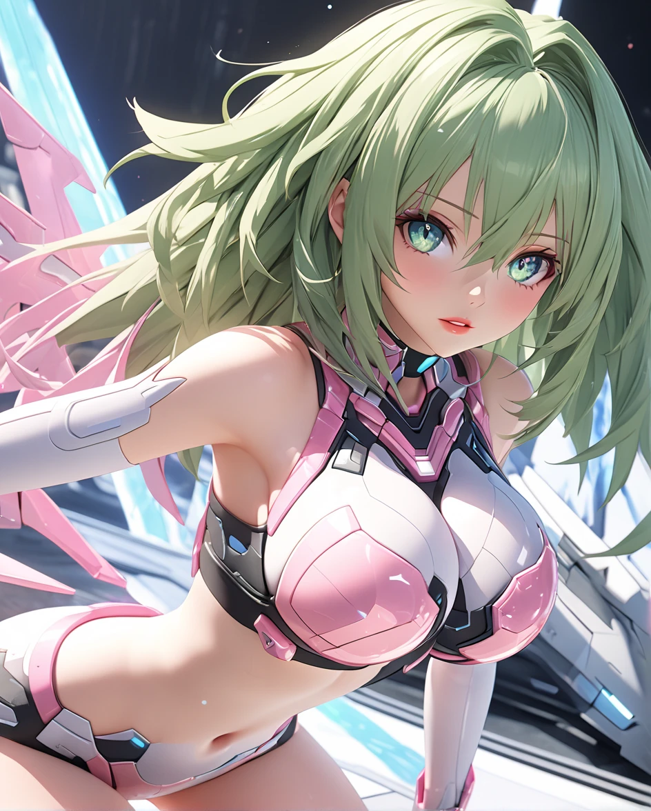 (Perfect Anatomy)、Mastepiece、Ultra High Quality、 8K、masterpiece、Highest quality、Ultra-high resolution、Maximum resolution、Very detailed、Professional Lighting、anime、woman、thin、so beautiful、Highly detailed eye、Highly detailed face、Green Hair,、Pink eyes、grassland, whole body, transformation heroine, white leotard, purple pattern, white thigh high boots, long gloves, waist mechanical armor, (((mechanical headgear))), wrist mechanical armor