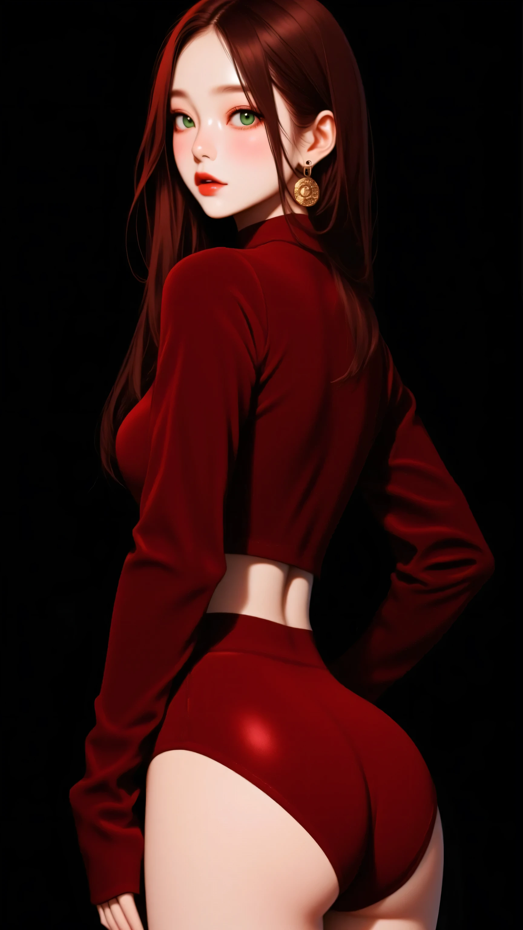 kristina pimenova stands at a pole, KristinaP bent over in front, red hot pants, red skirt,  red dress, silky outfit with belt, full body image, from the back, 8k)), 2020s, 2024s , cameltoe, from behind, flat stomach, narrow waist, wide hips, round ass, thigh gap, 👰 🏇 ❌🍃, 🎀 🧟 🍓 🧚, 😭 🤮 💕 🎀,
