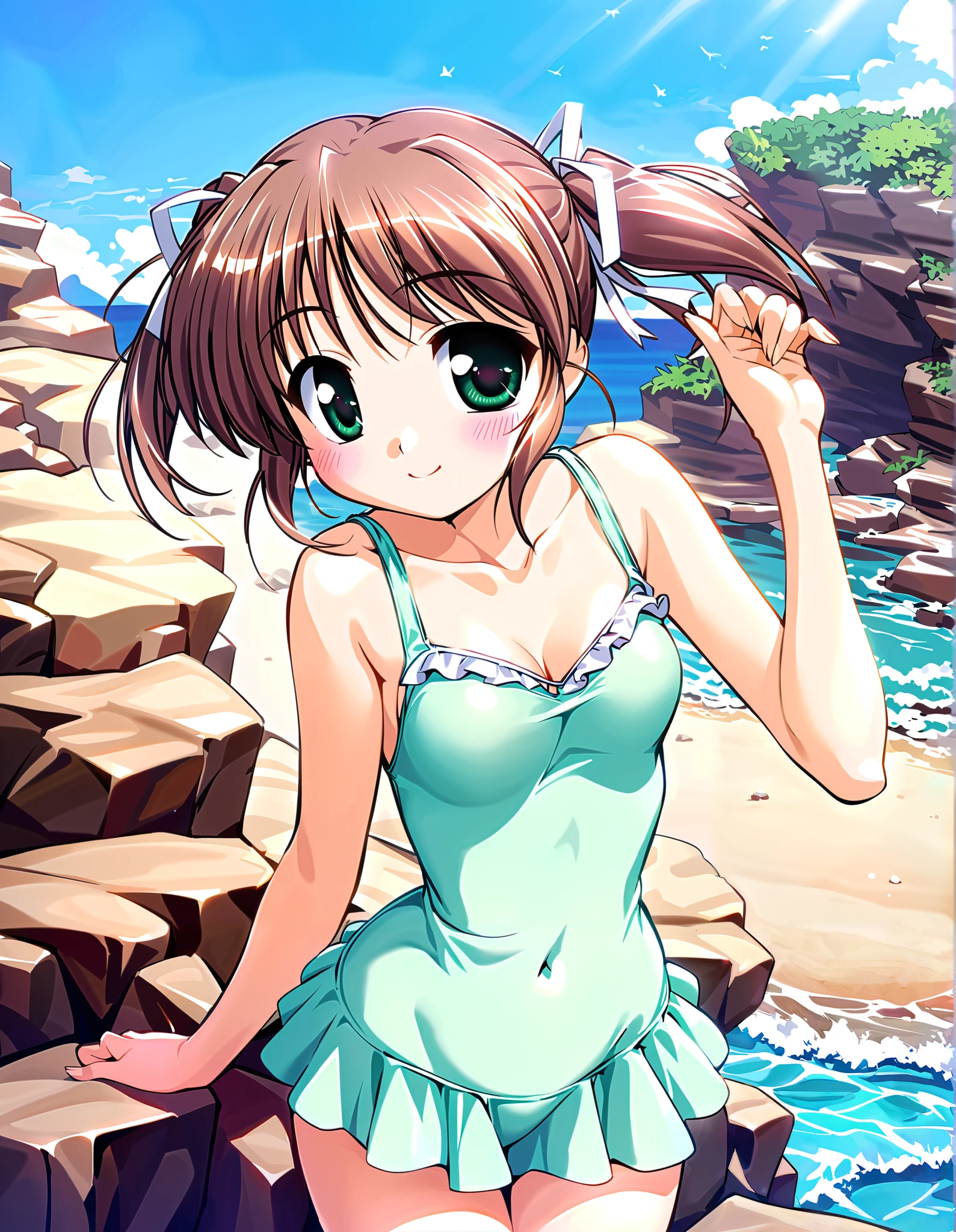 Asagiri Mai, Alone, (cowboy shot), brown hair , short hair, hair ribbon, twintails, green eyes, small breasts, (cute Swim dress), ( cute pose), (Red cheeks:1.2), cleavage, (bright smile:1.2), (sea), score_9, score_8_superior, score_7_superior, source_anime, (best quality:1.2), 細部までこだわったanime, high quality , full color, 8k, high resolution
