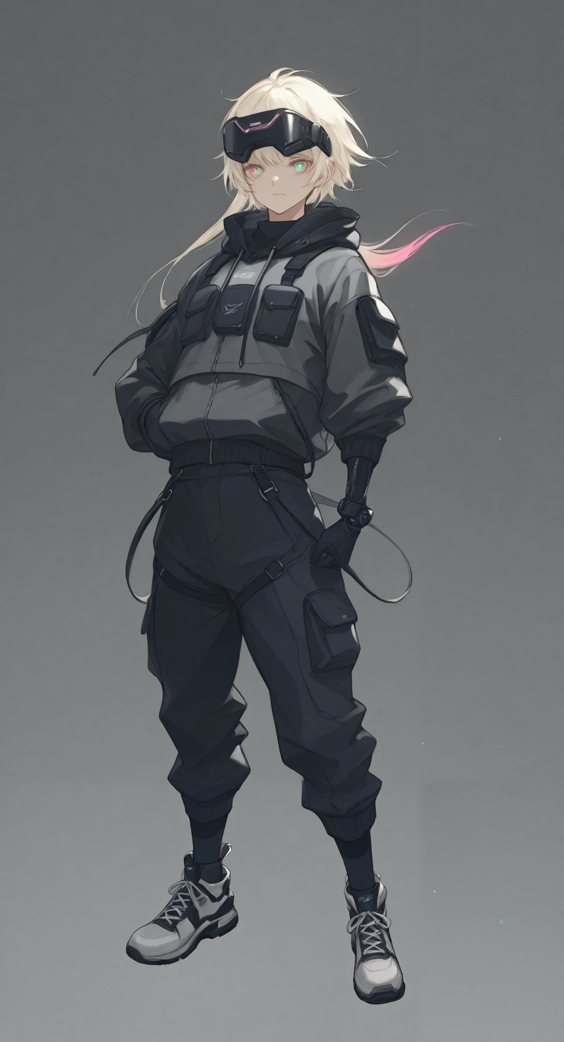 ( character sheet:0.4), 8k, highres, visualize a realistic full body character design , intricate and high-quality and detailed of a small , handsome and petite Brazilian boy named Vinicius with short blond hair , and brightly colored eyes wearing a cybernetic nanosuit made of a mysterious element with shiny knots and a visor over his eyes against a dark gray background, Streetwear-style clothing , Futuristic Details , contrast between black and white and many colors, hologram, military-looking clothing , robotic elements , hair with vibrant colors, technological accessories , highly detailed textures , futuristic military elements , Arcane style , very detailed clothes