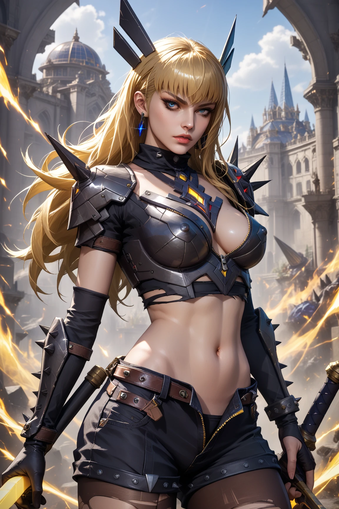8K分辨率(full body Esbian:1.3)shots、splashart、Great cartoon style、Photorealistic and intense look、Bewitching blonde female holy knight,Anatomical Photorealistic Digital Painting(A MILF:1.3)Human portrait(AS-Adult:1.3)Complex of holy armor(heavily armored:1.3)with the(Dark and moody universe:1.3)、light particules、highlydetailed skin、paladin、extremely detailed eye、 (Elden Ring-style:1.1)、(warhammer style:1.3)、Concept Artist、globalillumination、depth of fields、splashart、art by:ArtGerm、by Greg Rutkowsky、viktoria gavrilenko,Big Sword Details,Female Holy Knight