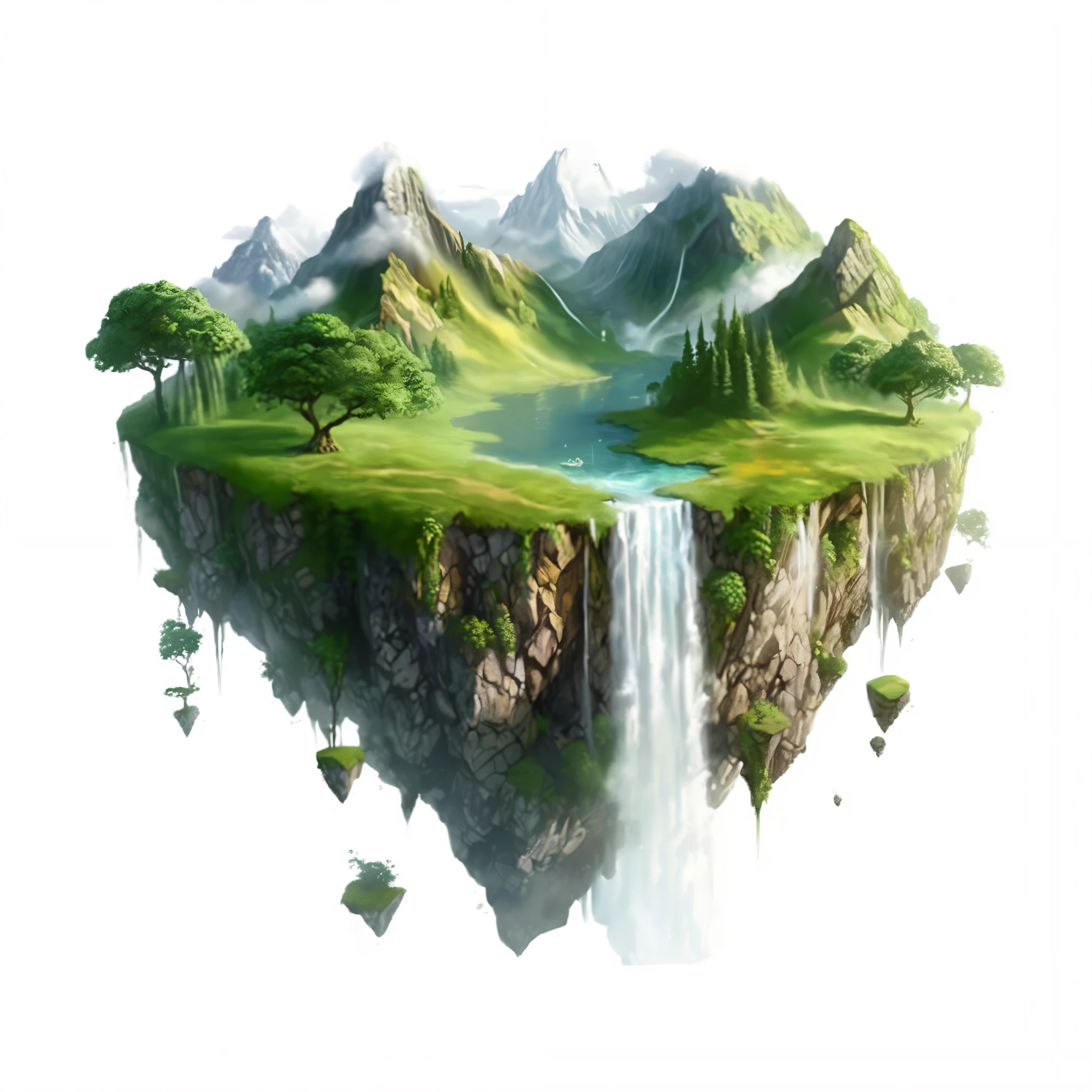 Create an epic fantasy RPG painting of a mystical floating island suspended in the sky, shrouded by ethereal clouds and rays of heavenly light, bottom view, crystal clear water cascades down, disappearing into the void below, Midjourney effect, LoL Arcane style, hand painted, harmoniously blending 2D and 3D styles, watercolor with graphite and oil painting. Impressionist style with vibrant colors and intricate patterns, blend of 2D and 3D with peeling paint details, Midjourney effect, LoL Arcane style, the base of the island displays giant roots or sharp rock formations, around the island, smaller fragments of floating rocks slowly orbit, covered in vegetation, painting with artistic harmony, concept art station. Hyper-realistic painting, with clouds reflecting orange, pink and gold hues at sunset, loosely inspired by Nordic culture, surreal matte painting, magical realism matte painting, blend of 2D and 3D, harmonious blend of artistic styles such as graffiti, watercolor and oil painting, handmade painting. The vibrant colors and intricate patterns of this epic fantasy RPG painting of a mystical floating island suspended in the sky, shrouded by ethereal clouds and rays of heavenly light, rays of light or magical beams connect the island to the sky, hyper-realistic handmade painting by renowned concept artist.