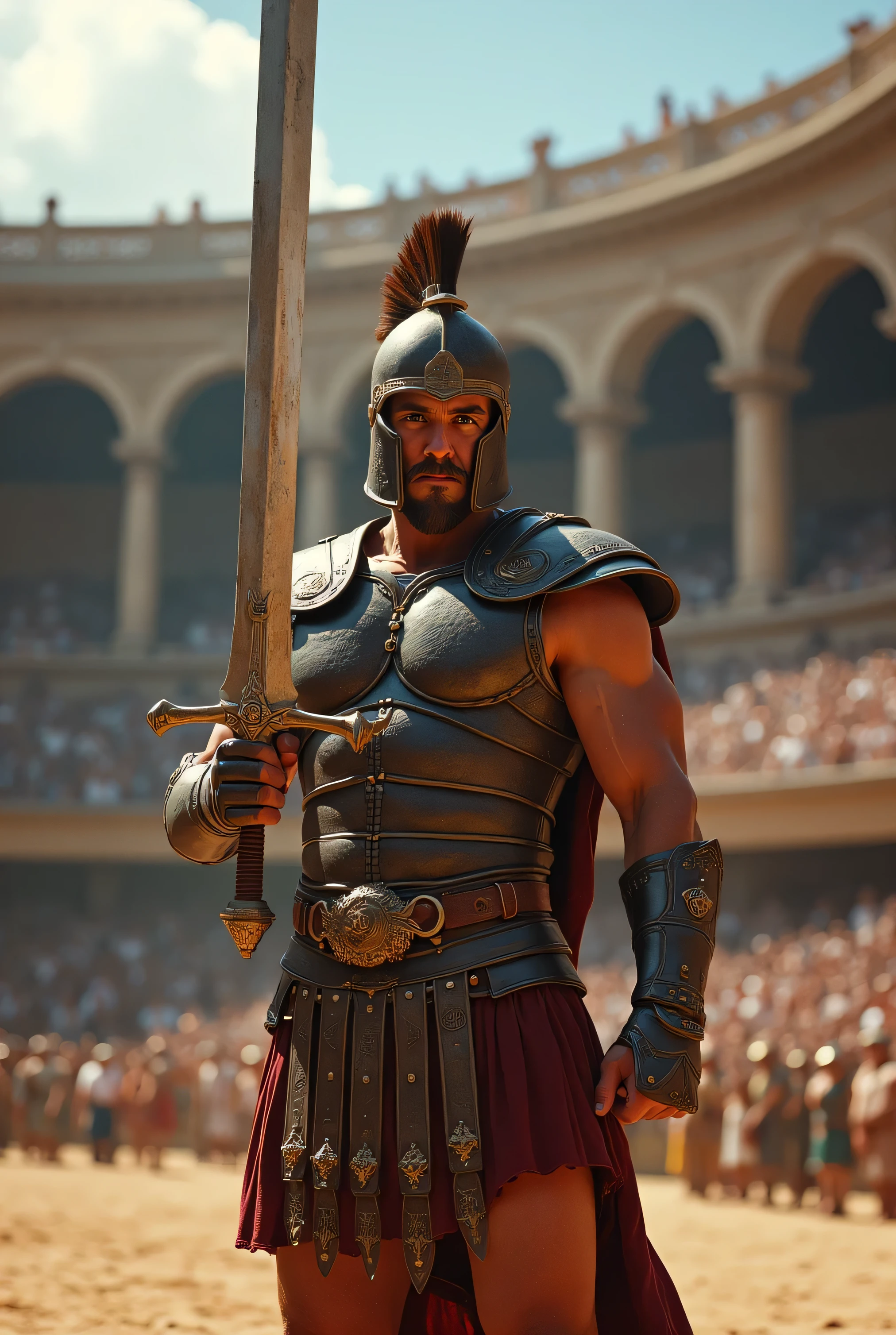 Arafed man in armor holding a sword in front of a crowd - SeaArt AI
