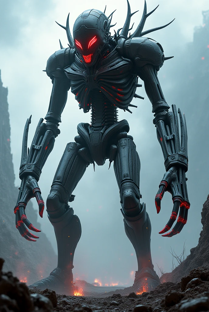 (((Sinister art))), (((Spooky craftsmanship))), ((Disturbing detail visual)), (Disturbing reality CG masterpiece), ((Delicate abomination)), (Imaginary shadows), The movie lights cast terrible shadows, ((1 Twisted mechanical girl)), Solo, Half body, ((Well-designed joints:1.2)), ((Twisted mechanical limbs fuse with flesh:1.2)), ((Pulsating blood vessels connected to the dreaded tube:1.2)), (The mechanical vertebrae are fused with the human spine), ((Cybernetics The cervical vertebrae are attached to the neck:1.2)), (Sit expressionlessly), Wires and cables are sinisterly embedded in the neck), ((Ethereal cables loom over the haunting head:1.2)), Character focus, Set in a futuristic sci-fi metropolis, Extreme and distorted details, Vivid and disturbing colors, ((Facial shadows are distorted，The performance is incredible:1.2)), ((The eye glows with laser precision, Exudes an evil red color:1.2)), (Flames burned in the hole of her lingering hand).