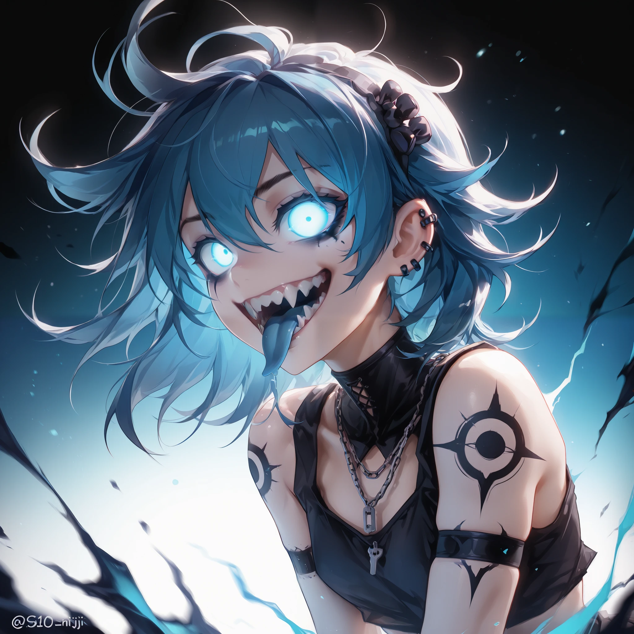 ( Ultra-detailed), ( masterpiece ), ( best quality), ( depth of field ), (sharp focus), ( cinematographic lighting ), (vibrant blue), 1 , crazy smile, dams, with her tongue out, glowing eyes, Gothic style, dark makeup , black tattoos, piercings de prata, psychotic, psycho, A dark lighted anime female with blue glowing eyes, deep eyes, neon blue hair and a lot of blue energy, psycho smile, ((cyan flames are in the background)), sharp teeth, battle pose, (((blue gradient background:1.4))), energy, Energetic, phonk, Brazilian phonk, Simple Design, Simplified --s 100 --niji 5 --ar 1:1
