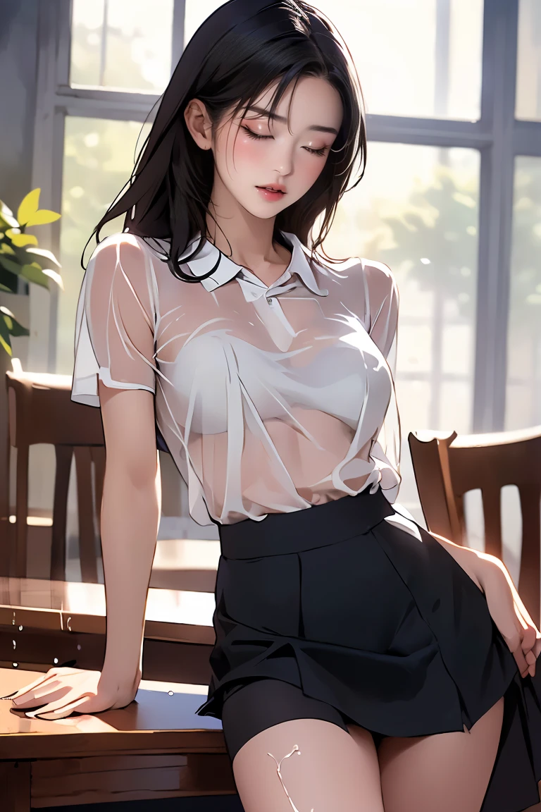 1 female,12 years old,black hair,beautiful low ponytail hairstyle, (Miniskirt and large plain white T-shirt, (under bust:1.2), short sleeve, natural smile,,frameless eyeglasses,(slouch)See-through