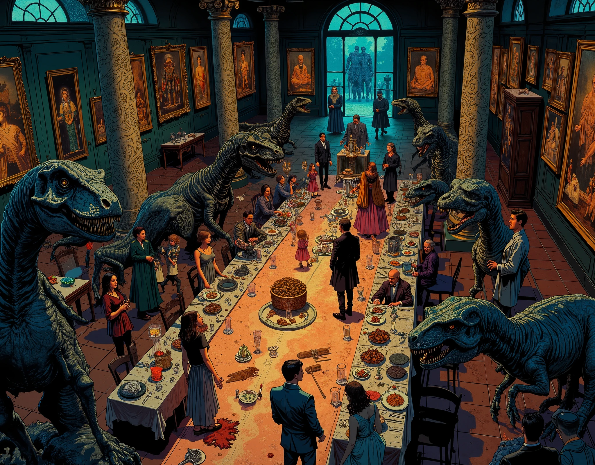 a mysterious party at the museum at night, overhead composition, dinosaur fossils roam around, the portraits on the walls gently slip out of their frames, ancient egyptian mummies march while dancing, the exhibits gathered in the central hall of the museum for a party with gourmet food on long tables, 🦖🎨💃, DGC style