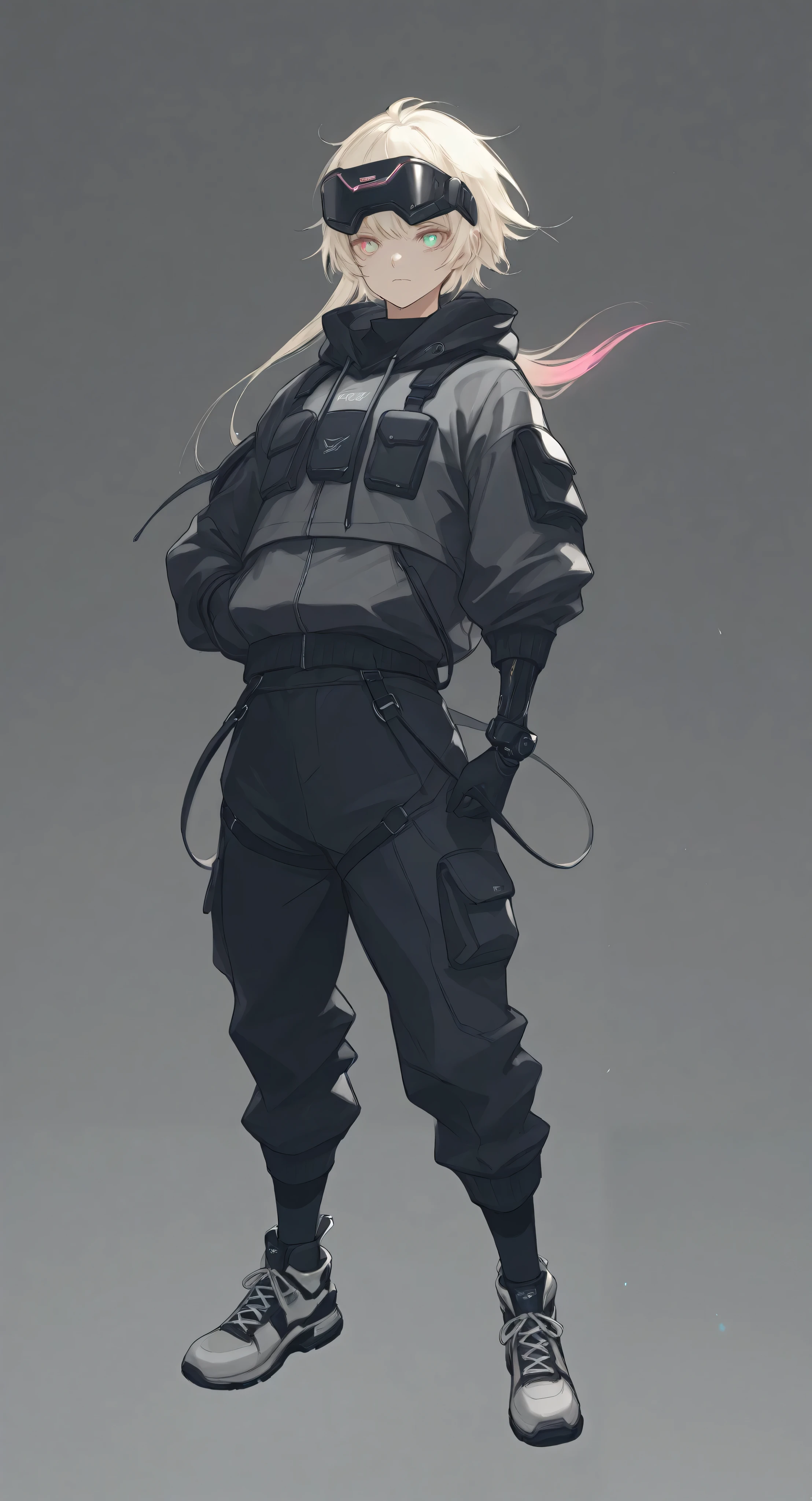 ( character sheet:0.4), 8k,  highres,  visualize a realistic full body character design , intricate and high-quality and detailed of a small , handsome and petite Brazilian boy named Vinicius with short blond hair ,  and brightly colored eyes wearing a cybernetic nanosuit made of a mysterious element with shiny knots and a visor over his eyes against a dark gray background, Streetwear-style clothing ,  Futuristic Details ,  contrast between black and white and many colors, hologram,  military-looking clothing , robotic elements , hair with vibrant colors, technological accessories ,  highly detailed textures ,  futuristic military elements , Arcane style , very detailed clothes