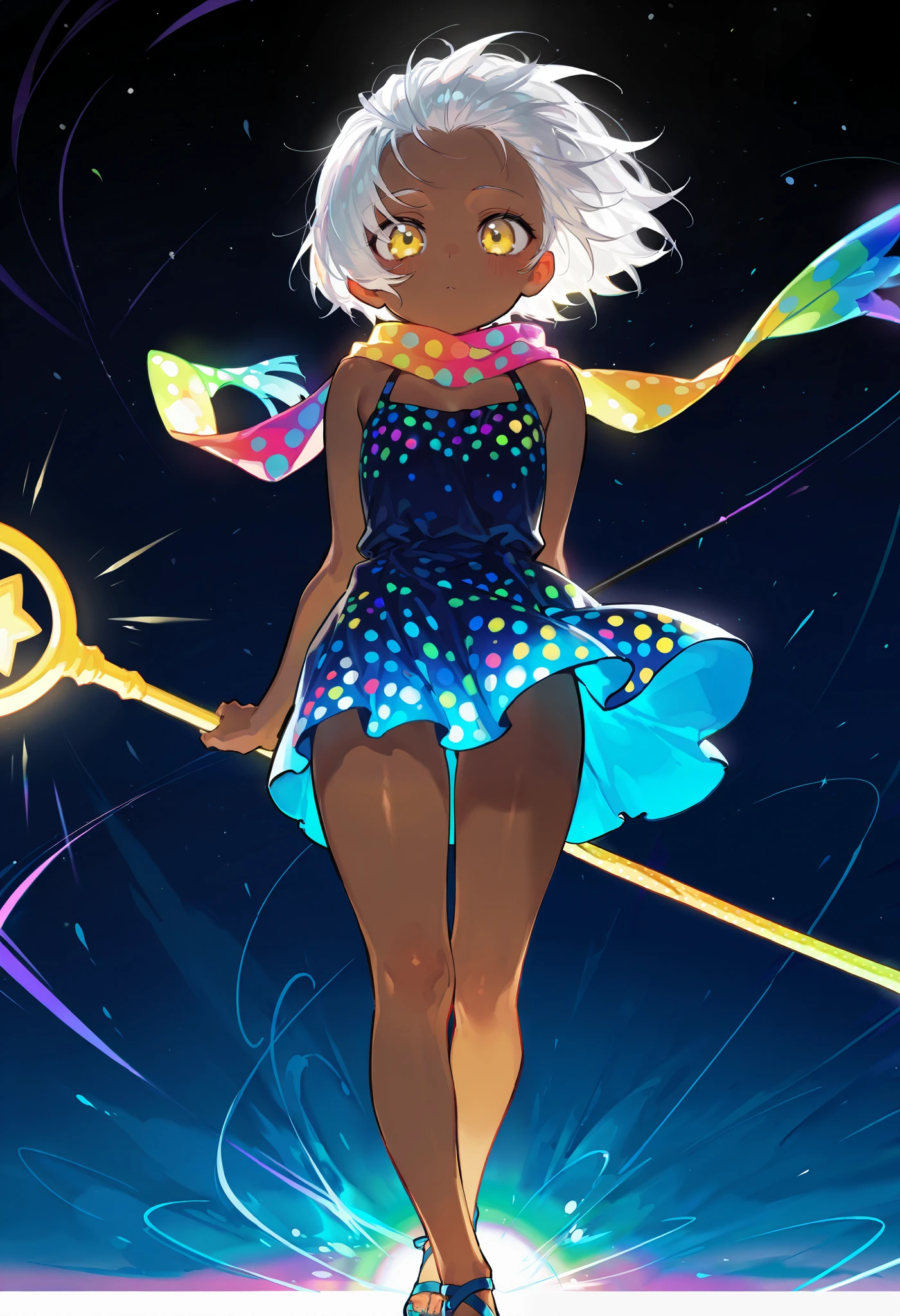 solo, score 9, score 8, score 7, Best quality::2.5, artwork::2.5, Masterpiece::2.5, rodecchi, Loli, , cute, Brown skin, (White hair), Short hair, Hair slicked back, ((Big bangs)), beautiful hair, bare shoulder, (Bright yellow eye), (Rainbow scarf), Just a scarf tie, (Dark blue dress), (Short dress), Simple dress, (Colorful polka dots on dress), Blue star staff, Blue sandal, Bare legs. Night, Wind, highlighting covered thighs,