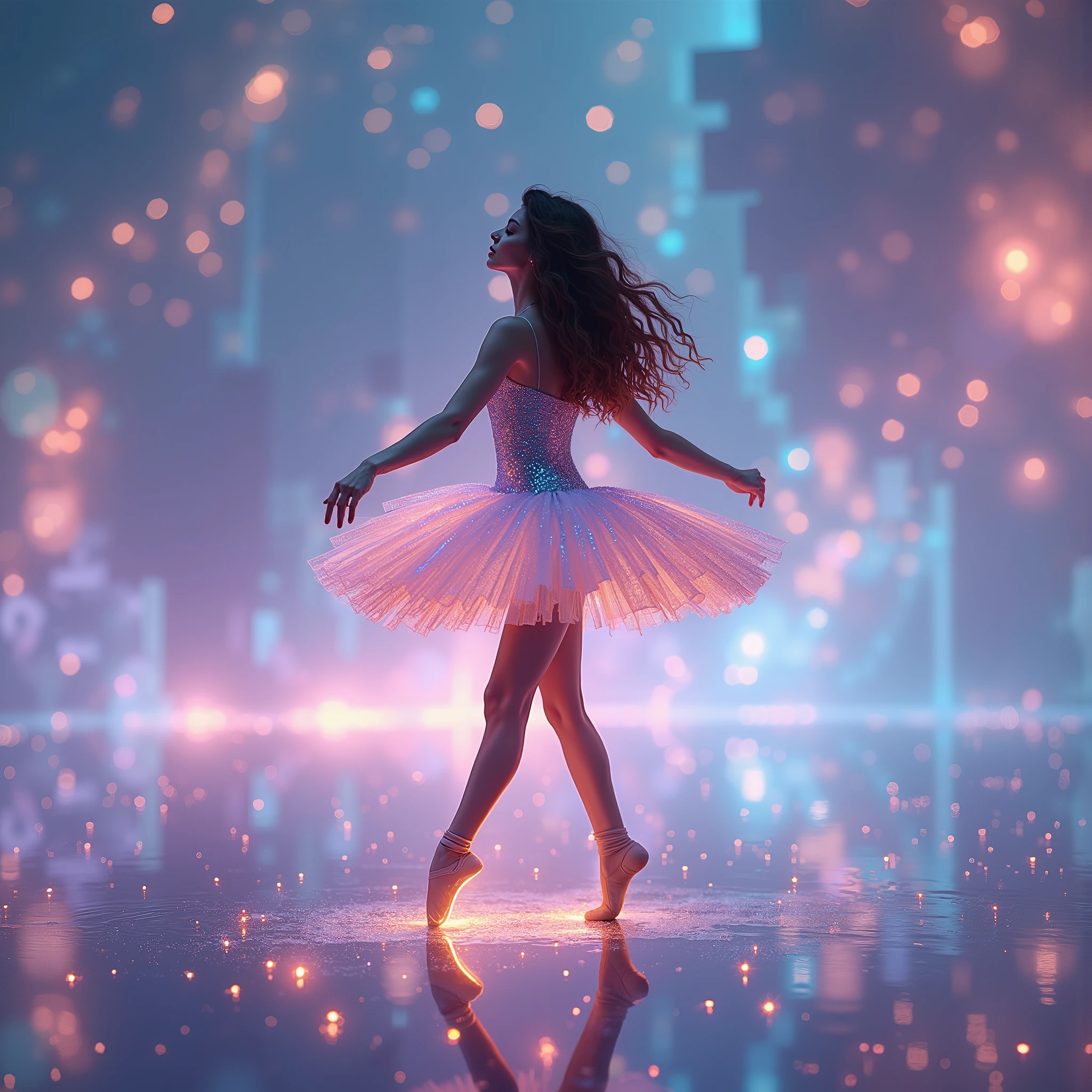 " Eliana dancing in the heart of an infinite abstract setting , entourée de sphères lumineuses flottantes qui pulsent doucement.  Inspired by a visual mixture between Selena Gomez and Jenna Ortega ,  she wears a tutu with iridescent reflections reminiscent of an aurora borealis . Ses pieds effleurent un sol transparent et miroitant,  projecting bursts of light to the sky . Chaque mouvement laisse derrière elle des rubans scintillants et déclenche une cascade de particules lumineuses multicolores.  Her wavy brown hair floats around her face ,  illuminated by the halos of light ,  while her hazel eyes ,  intense and graceful , captent l’âme du décor.  The background is a mixture of bright and ephemeral geometric shapes,  evolving in harmony with her steps .  ultra-detailed,  masterpiece in 8K , precise textures ,  photorealistic, Soft, diffused light, studio lighting."