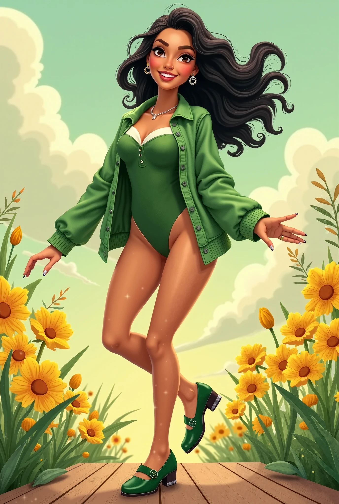 Drawing of a smiling Brazilian woman in a marijuana plantation, wearing a sexy one-piece swimsuit, with a close-up of the perfect lines of her breasts, marijuana plantation environment