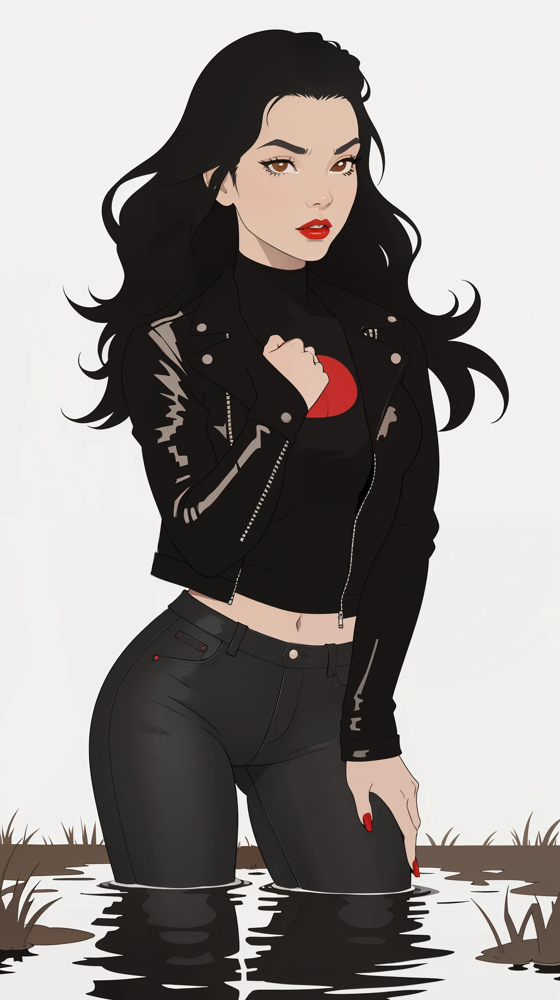 Cheyenne woman , black leather jacket, tight jeans, drowning in tiny bog, white, red lips, primitive vector art, white background