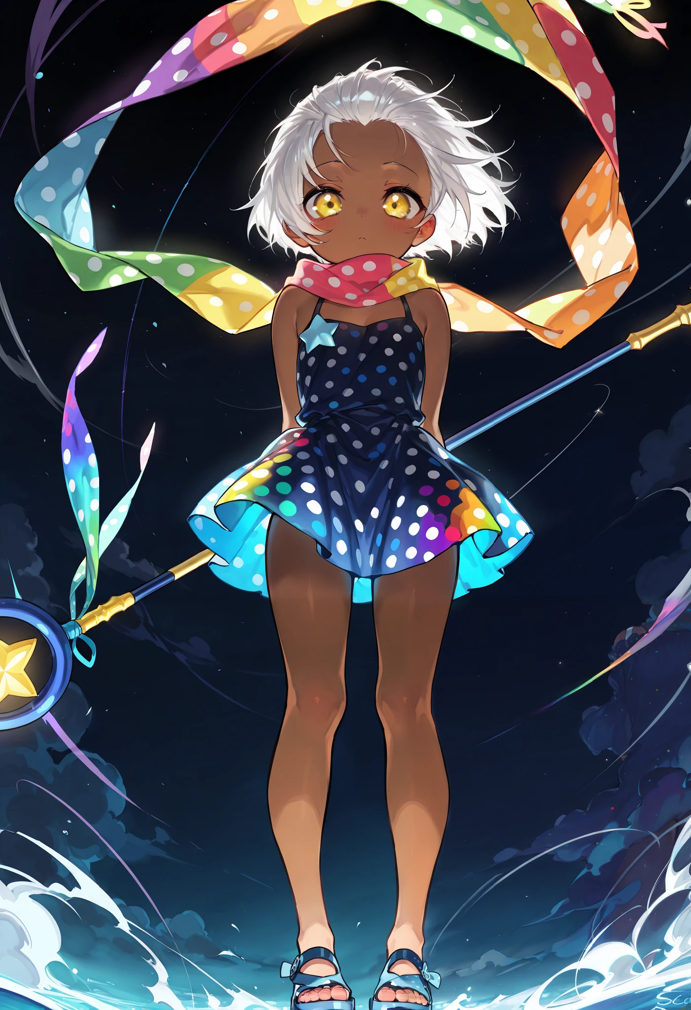 solo, score 9, score 8, score 7, Best quality::2.5, artwork::2.5, Masterpiece::2.5, rodecchi, Loli, Lovely young girl, , cute, Brown skin, (White hair), Short hair, Hair slicked back, ((Big bangs)), beautiful hair, bare shoulder, (Bright yellow eye), (Rainbow scarf), Just a scarf tie, (Dark blue dress), (Short dress), Simple dress, (Colorful polka dots on dress), Blue star staff, Blue sandal, Bare legs. Night, Wind, 