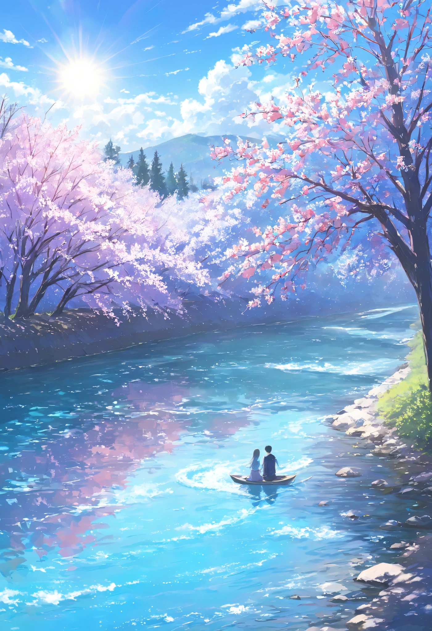 ((pastel))、A COUPLE, river , Spring,blue glow,midday, The sun shines in, Oversight ,  