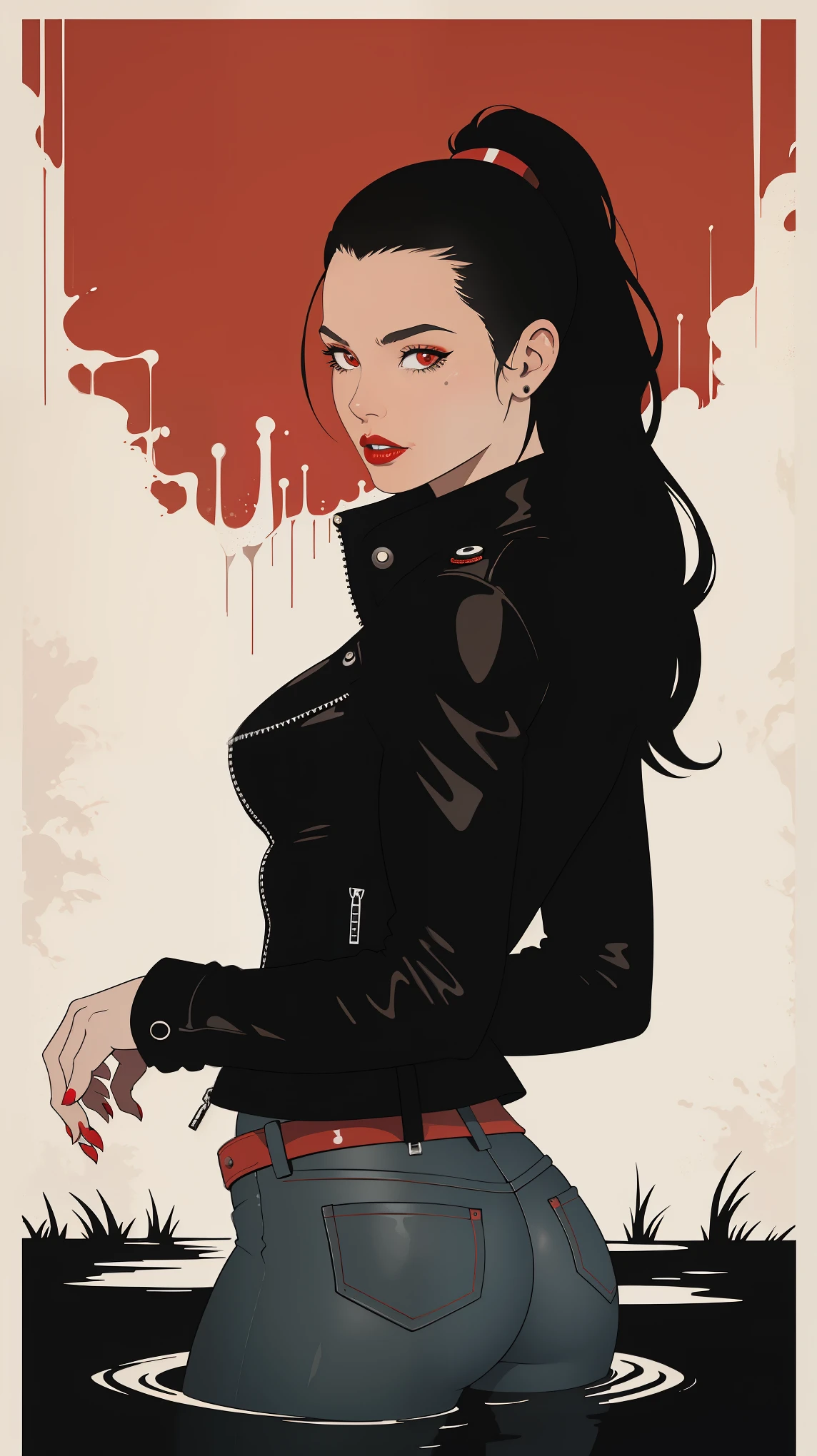 Cheyenne woman , black leather jacket, tight jeans, drowning in tiny bog, white, red lips, vector poster, white background