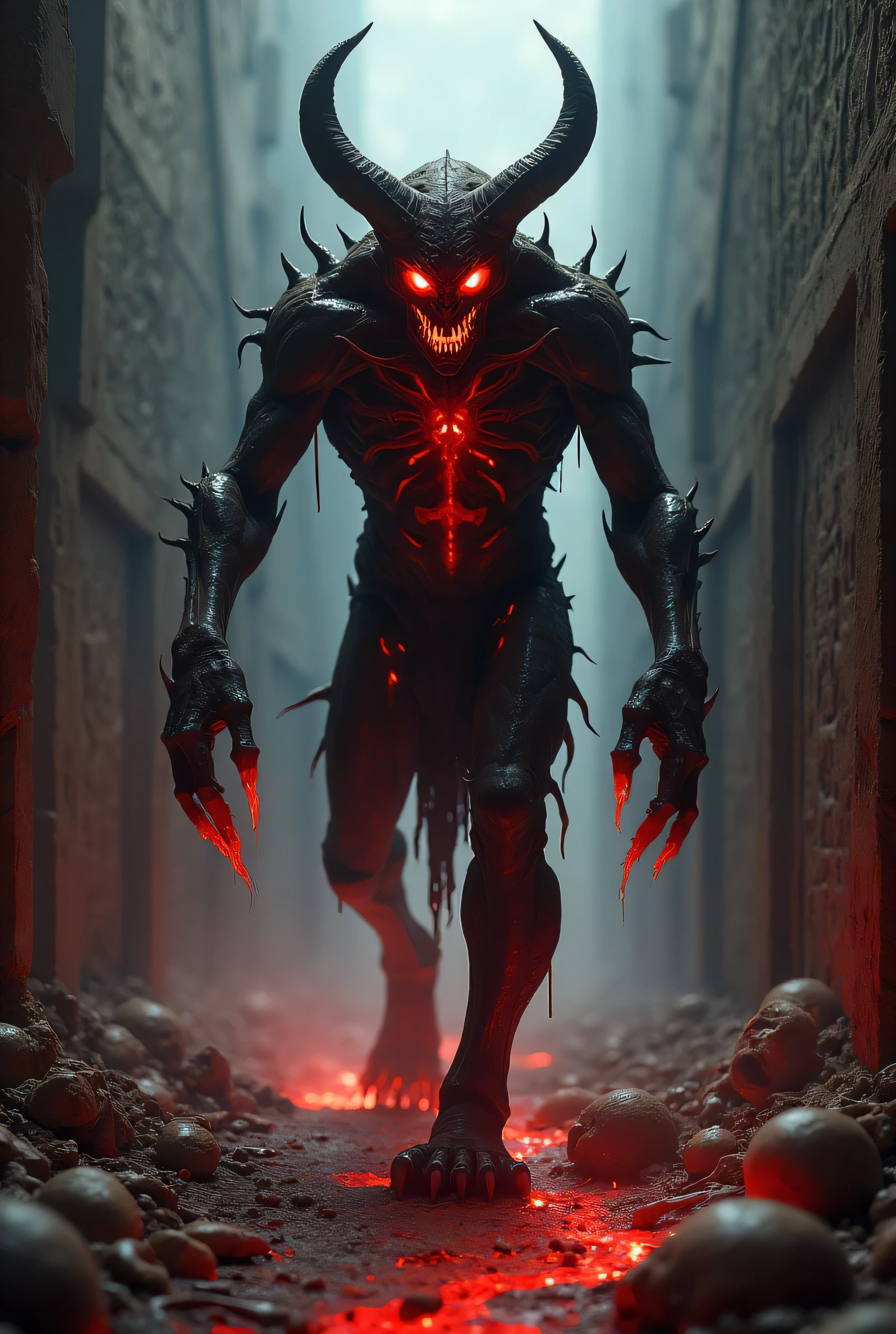 a demonic humanoid spider, night, fall weather, dark, creepy, fire, rain, demonic, glowing red eyes, horror, scary, 4 arms, 4 legs