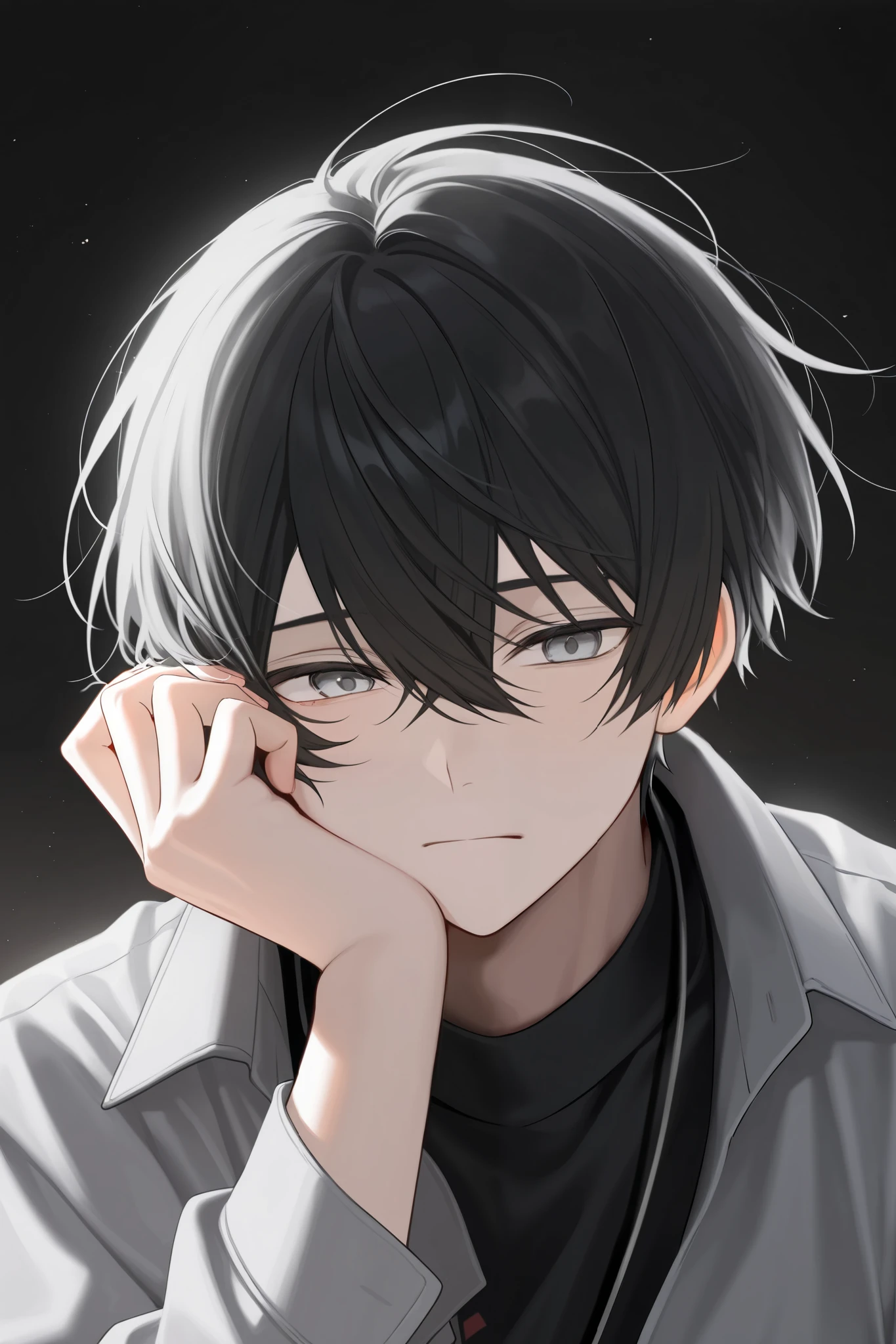 Anime boy with short black hair and grey eyes
