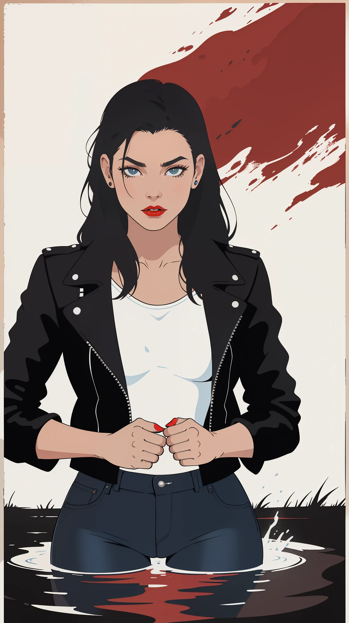 Cheyenne woman , black leather jacket, blue jeans, drowning in tiny bog, white, red lips, vector poster, white background