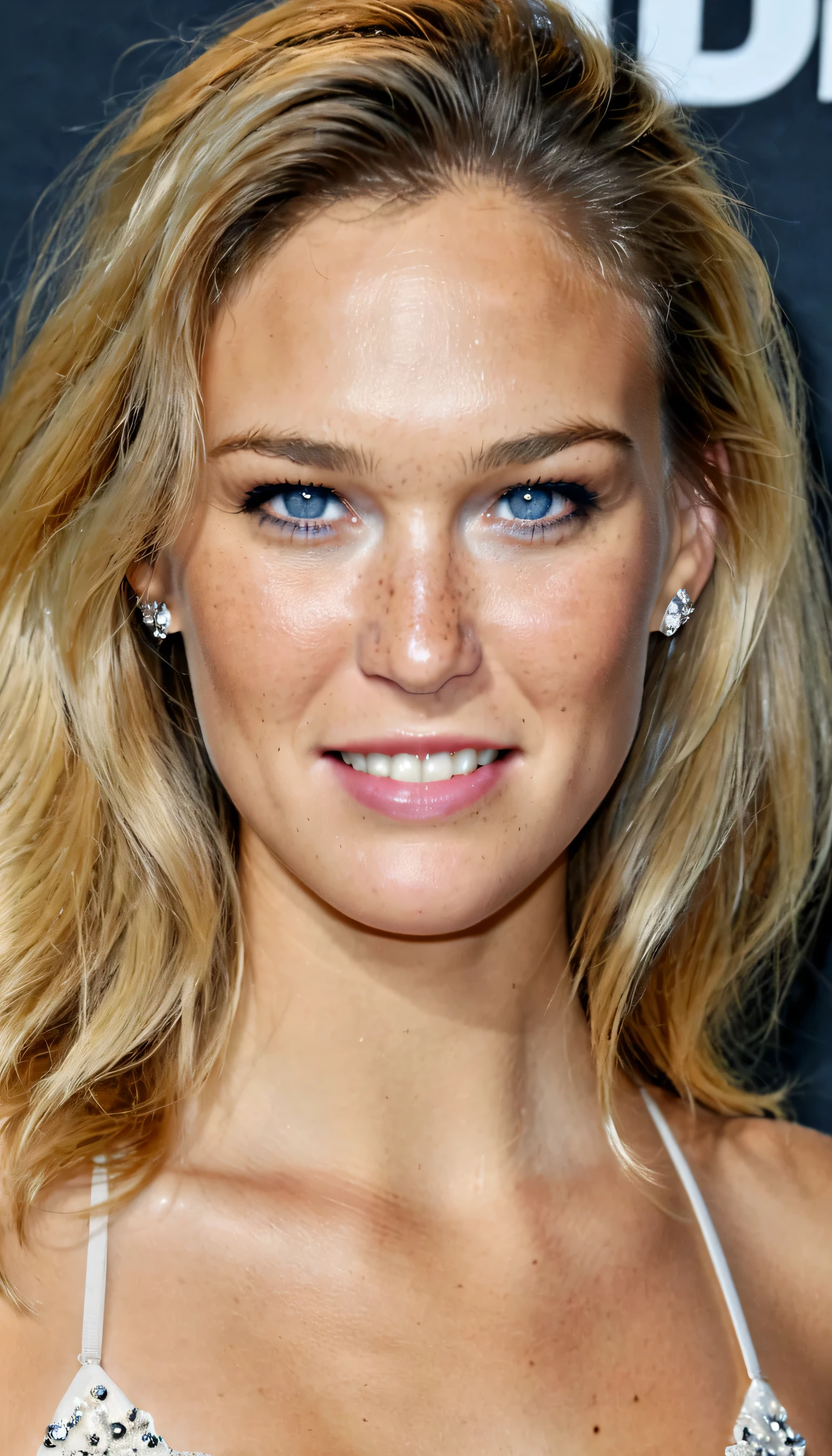 UHD; Photo; Masterpiece; Highly Detailed; Retina; Textured Skin: Best quality; freckles:1.3;stöhnen:5.0; dreamy blue eyes; long dirty blonde touped hair;perfect teeth; 30 Jahre alte nackte Bar Refaeli; supermodel posing; not smiling
