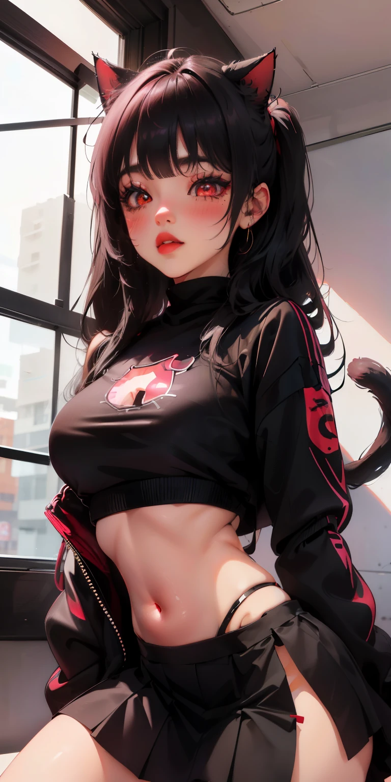 wolf ears, 1boy, gold eyes, black hair, short hair, wolf tail, vibrant, HD, black baggy hoodie, black booty shorts, accurate hands, blush, black thigh socks, smug, big butt, big thighs, toned abs, black shoes, flat chest, accurate legs
