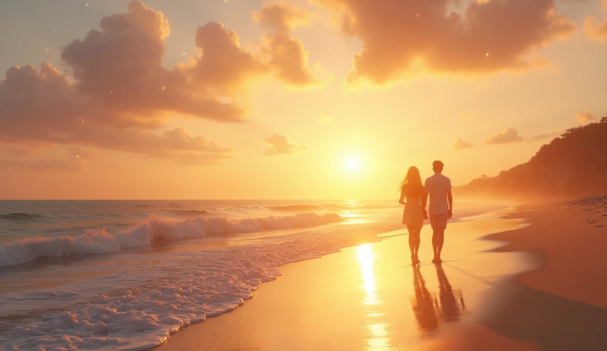 Bright sun, a couple on the beach (best quality) (intricate details)