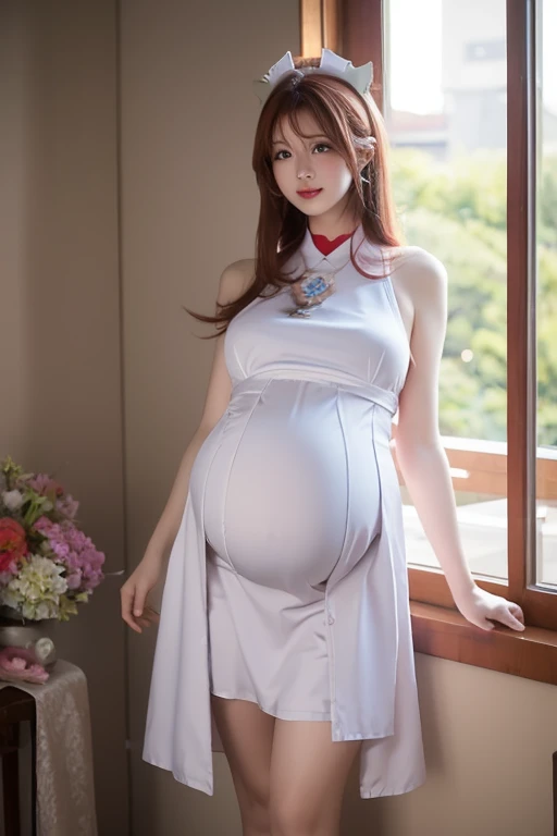 Do a photo shoot for a pregnant angel in a cafeteria, de pelo largo blanco, alas extendidas, ojos azules y un vestido vintage largo