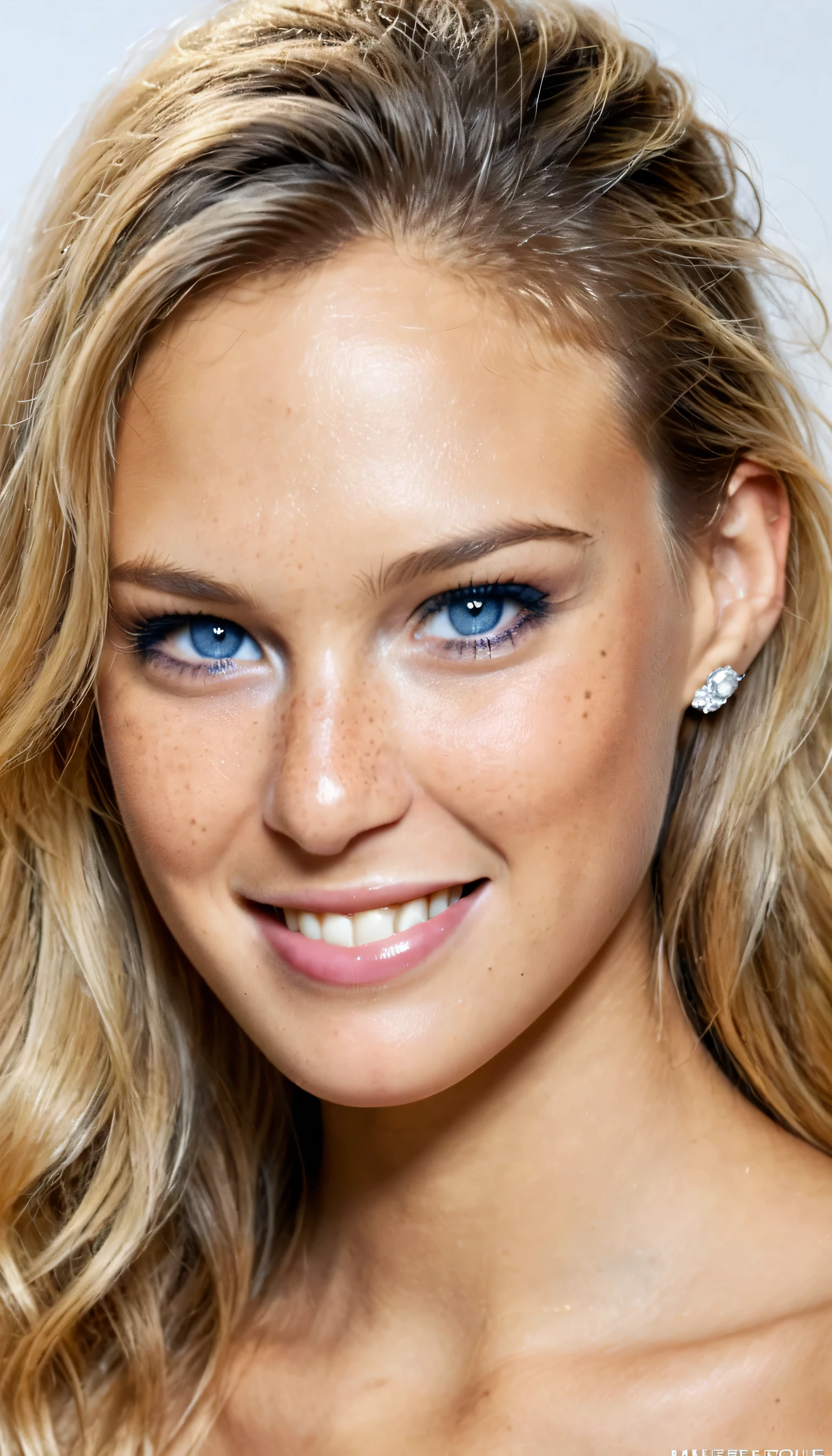 UHD; Photo; Masterpiece; Highly Detailed; Retina; Textured Skin: Best quality; freckles:1.3;stöhnen:5.0; dreamy blue eyes; long dirty blonde touped hair;perfect teeth; 30 Jahre alte nackte Bar Refaeli; supermodel posing; not smiling