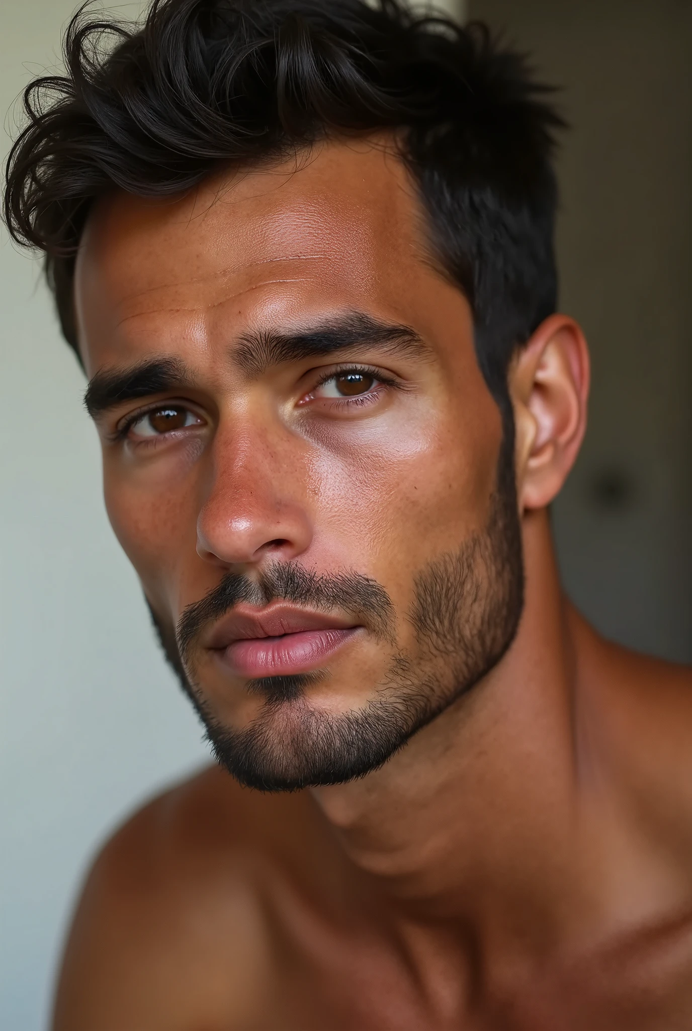 masterpiece, best quality, high resolution, closeup portrait, male focus, solo focus, A man, 20 years old, grey hair, in speedo, grey silver hair, messy hairstyle, cute and seductive face, old but attractive, bare chest, body hair, hairy armpits, facial hair, pale skin, sun freckles, roman nose, very skinny body, hairy legs, cute, white chest hair, very hairy chest, dimples, scruffy beard, very hairy armpits, bold jawline , sweaty, in the background a beach on a cloudy day, view from below, amazing composition, front view, HDR, ultra quality, elegant, highly detailed