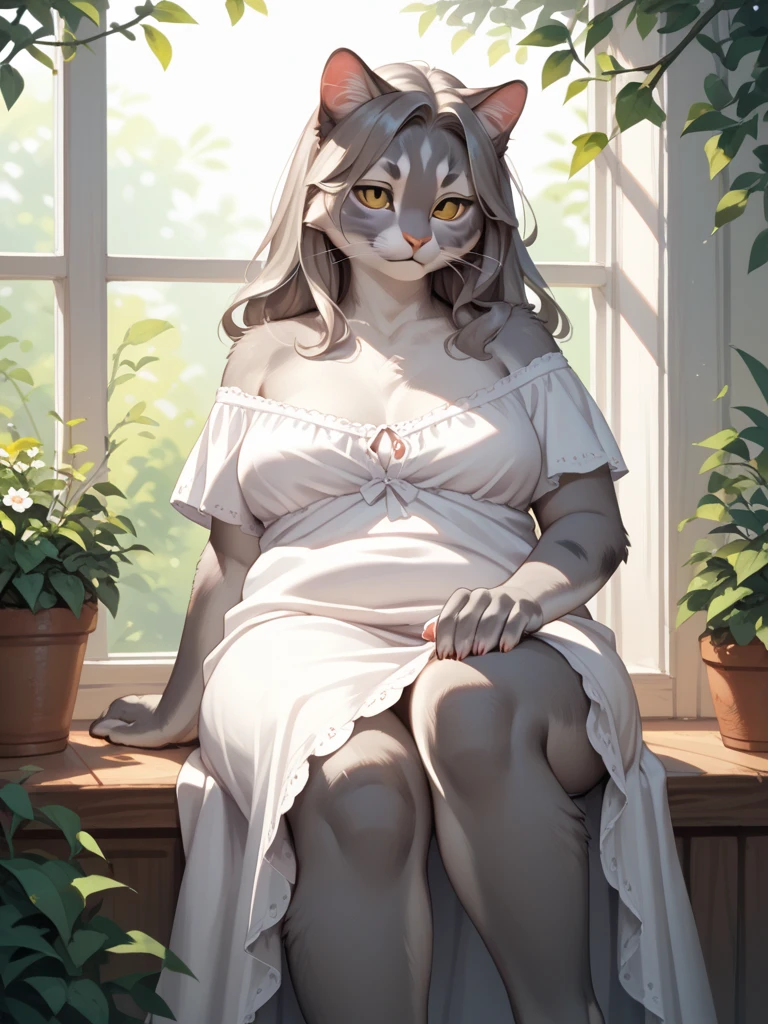 Solo, uploaded the e621, beautiful and detailed portrait of a female (((woman))) anthro cat, kenket, Ross Tran,ruan jia, uploaded to e621, zaush, foxovh, zenematic lighting, seductive, bl, (((calico cat))), thighighs, big chest, full body, beautiful, messy long hair, Brown hair with Orange highlights, young (18 years old), blue eyes, kneeling, white dress (see-through dress), (spread legs), bedroom, leaning fordward, 2 tone hair ((orange | black)), heterochromia ((green | blue))