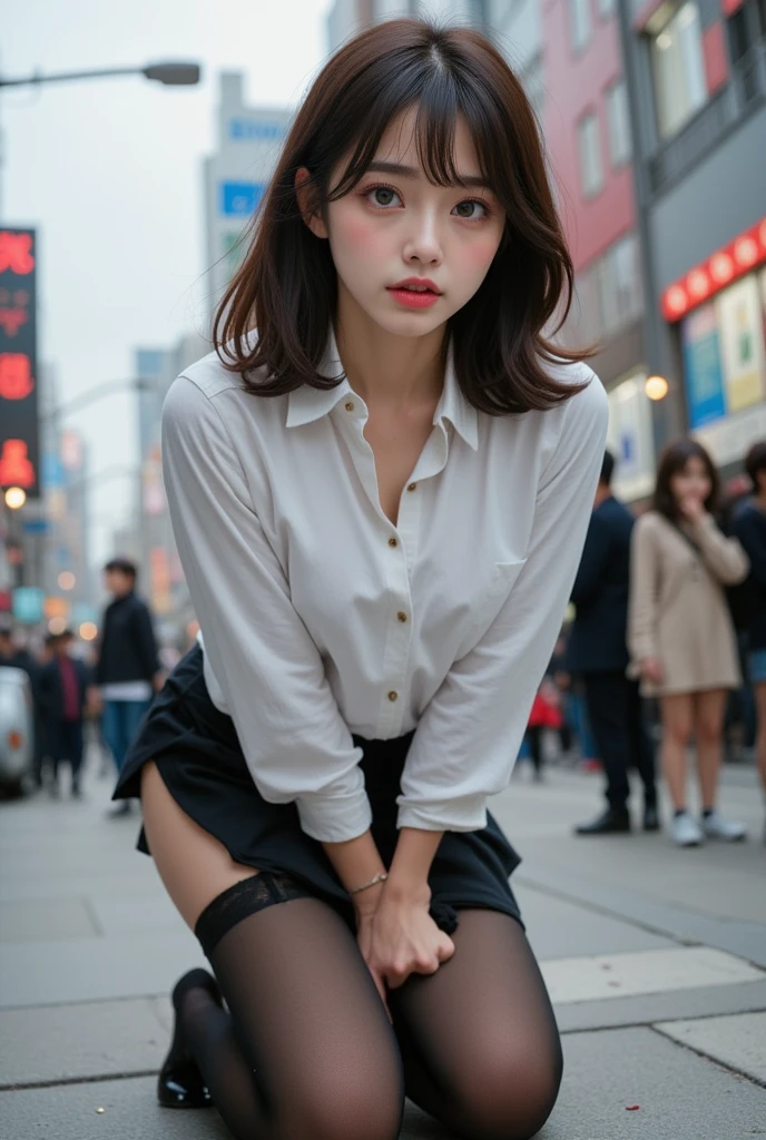 Best quality, full body portrait, delicate face, pretty face, 25 year old woman, slim figure, small bust, OL uniform, office clothes, black stockings, outdoor scene, sitting position