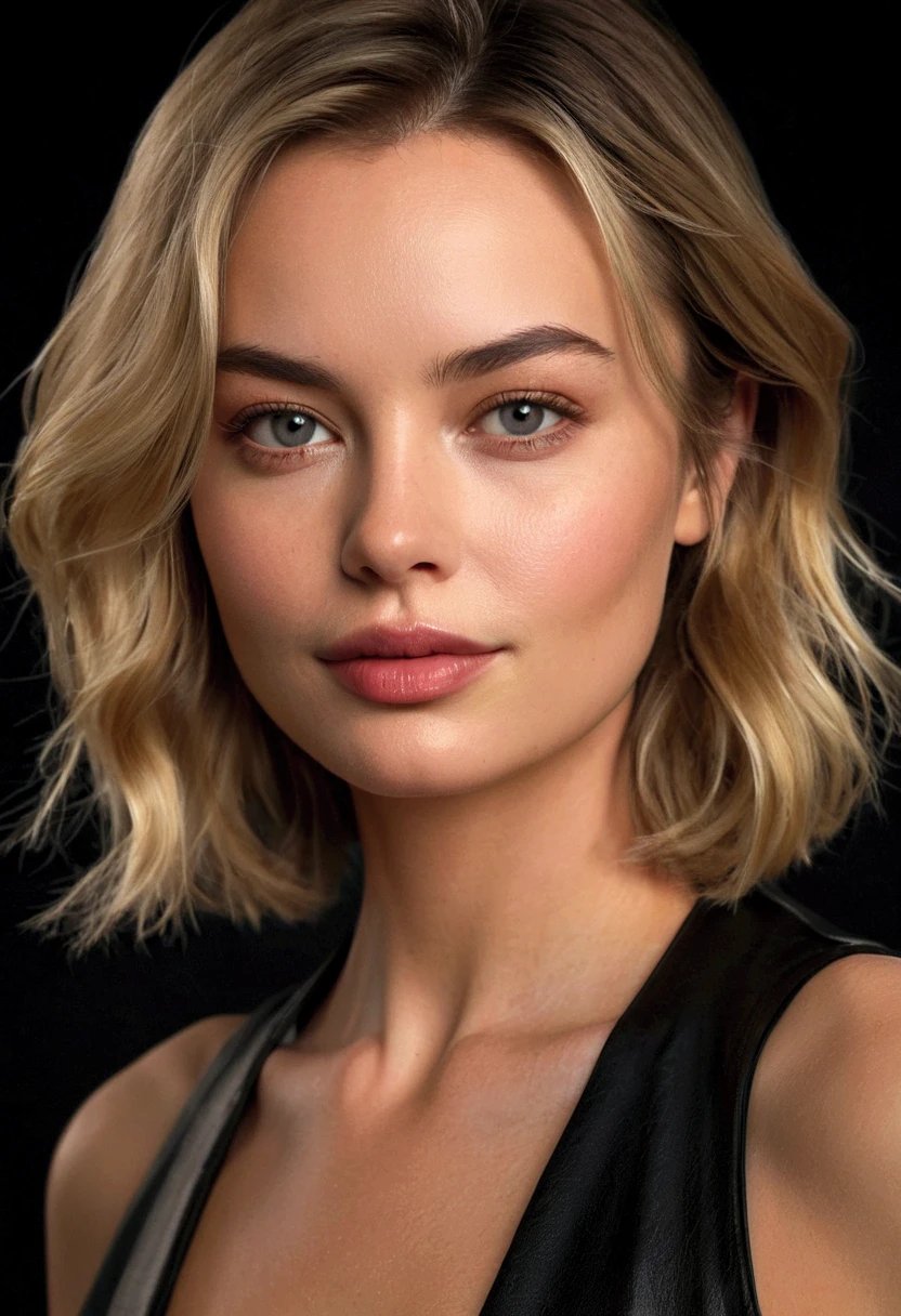 A highly realistic image of a stunning woman with shoulder-length blonde hair styled in soft, natural wave . 24 years old, middle , face like margot robbie, Her face is illuminated by soft, diffused lighting, creating a warm, even glow that enhances her flawless complexion. Her natural makeup subtly highlights her striking eyes and elegant smile. The image is rendered in ultra-high resolution (4K or higher), with realistic skin textures and lifelike color tones. The overall mood conveys warmth, elegance, and sophistication, with studio-quality lighting for balanced highlights and shadows. - ultra realstic, ultra realistc skin, clear background, whole body shot, she is wearing a cool black old udes leatherjacket and a skinny dark blue jeans, whole body shot, standing in a great city, night, night club,