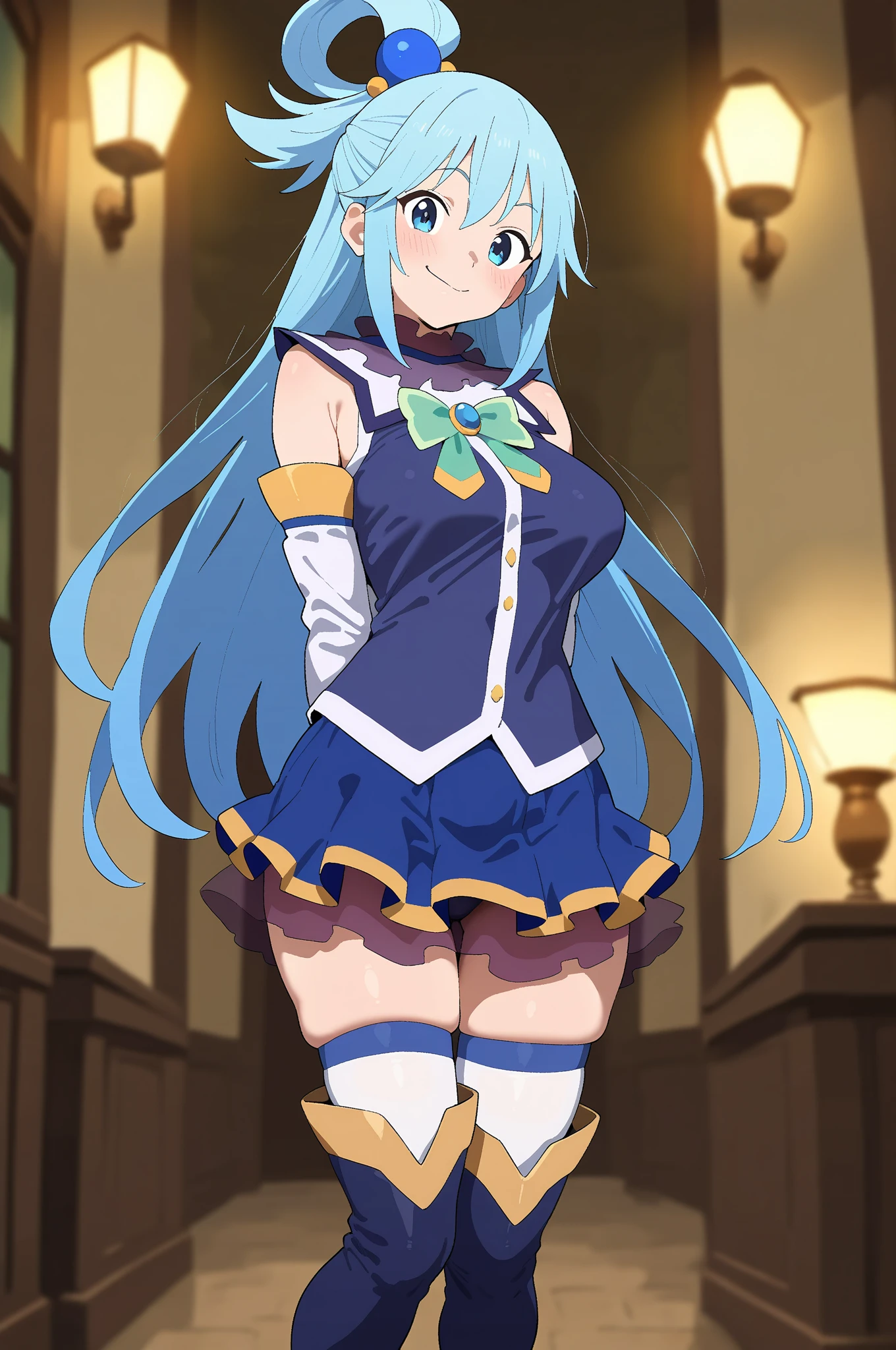 aqua \(konosuba\), ((highres)), Masterpiece, high quality, best quality, beautiful, perfect lighting, detailed face, ultra cute face, (blush), ((1girl)), ((solo)), Separated sleeves, blue blouse, skirt, thigh boots, Hair ornament, Hair ring, Long hair, blue hair, (blush), looking at viewer, standing, medium breasts, wide hips, (thick thighs), living room, arms behind back