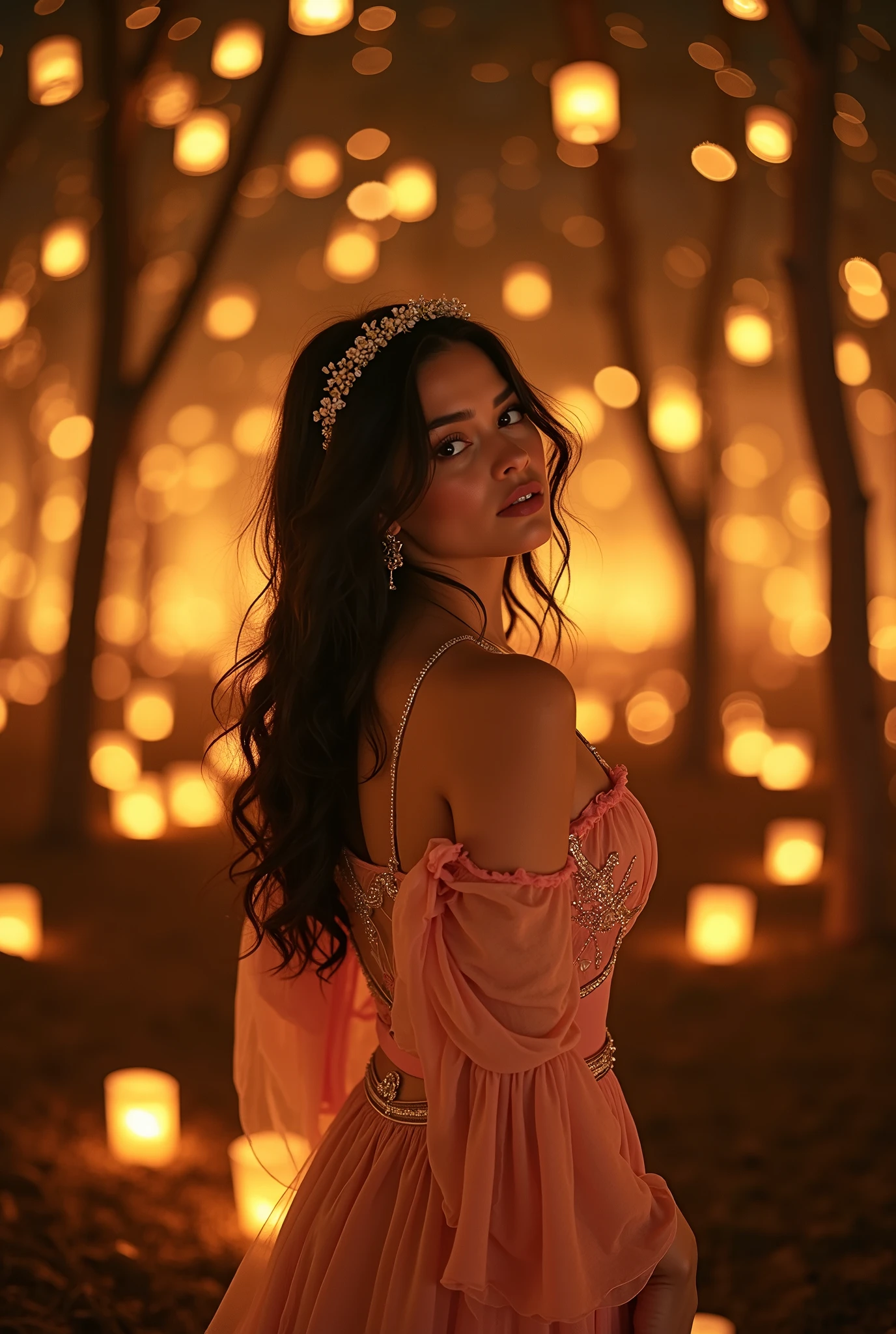 Mix between Selena Gomez and Jenna Ortega chef-d'œuvre incomparable, full body view, Ultra-réaliste 8k, ((image féminine)), femme jeune, taille fine, séduisant, beau visage, {fille extrêmement délicate et belle}, {{{chef-d'œuvre}}}, photography, natural glowing skin with visible pores, fine freckles, subtle blush, soft lighting, detailed texture of lips and natural highlights. Joli visage, (meilleure qualité, 8K, haute résolution, chef-d'œuvre:1.2), ultra-détaillé, réaliste, photoréaliste, photo-réaliste:1.37, HDR, Ultra HD, éclairage de studio, peinture ultra-fine, mise au point nette, description extrêmement détaillée, professionnel, couleurs vives, Bokeh, portraits, Sombre, Éclairage dramatique, Canon EF 50 mm f//1.8 objectifs STM.
A stunning woman standing in a magical forest at twilight, surrounded by hundreds of glowing lanterns suspended in the trees. She is wearing a flowing pastel gown with delicate embroidery and subtle sparkles that catch the warm glow of the lanterns. Her bare feet rest gently on the soft forest floor covered in leaves, adding a natural touch to the scene. Her hair is styled in loose, glossy waves with a delicate floral crown. She poses gracefully, one hand lightly touching a glowing lantern, the other resting softly at her side. Her gaze is dreamy, looking up towards the lantern-lit canopy, exuding elegance and wonder. The background is filled with warm golden and amber lights, casting a magical, ethereal atmosphere that feels like a fairytale come to life."