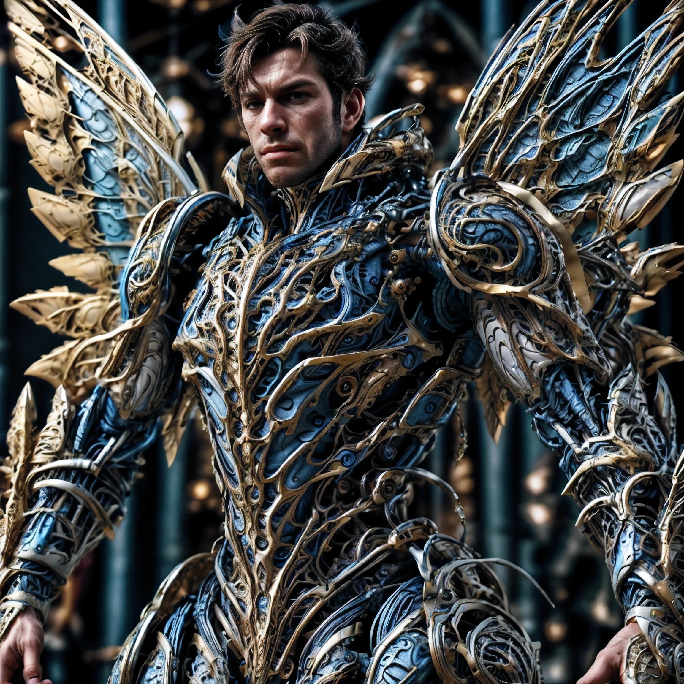 realistic, masterpiece, intricate details, detailed background, depth of field, photo of a handsome (european man),blue eyes and a stubble face, fractal armor, wearing fractal exosuit, (dynamic pose), ((fighting stance)), wings, fantasy background, cinematic composition, sharp focus, side view, close up,