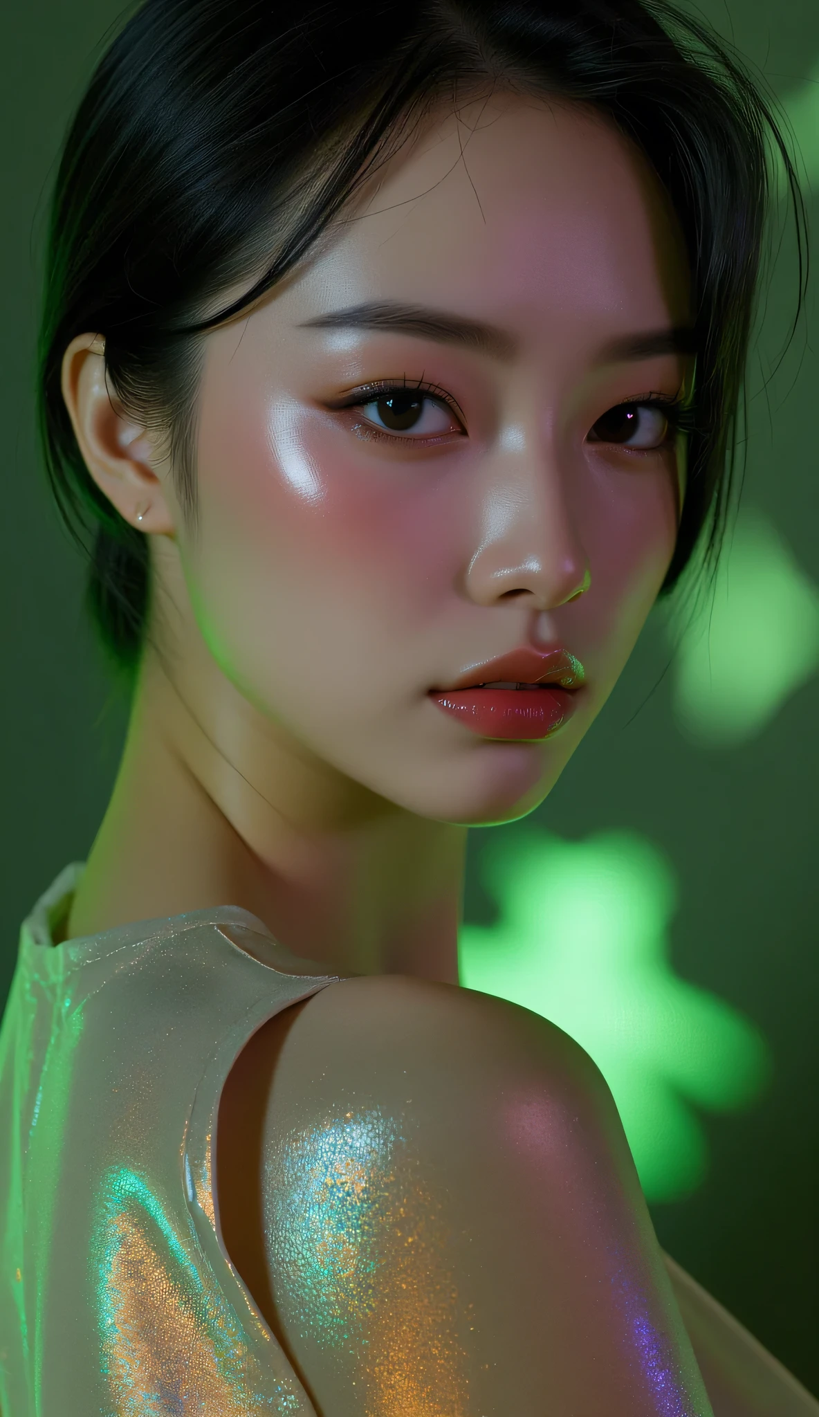 80’s glam rock makeup on shiny face, asian girl, anime, 2.5D, moody lighting, (green, pink, gold), pretty, sexy, minimal, sleek, slender, asian, elegant, futuristic, retro, sophisticated half human half machine, Kizi,(eyes looking off to side), Highly detailed, Amazing work,Vitreous luster, blues, yellows, Best quality at best,shiny skin, no background, colorful background, green background, pink background, gold, background, plunging neckline, sexy pose, dynamic pose, heavy blushing, huge breasts, colorful, color splash, neon colors, colorful background, abstract background, ethereal, glitter,