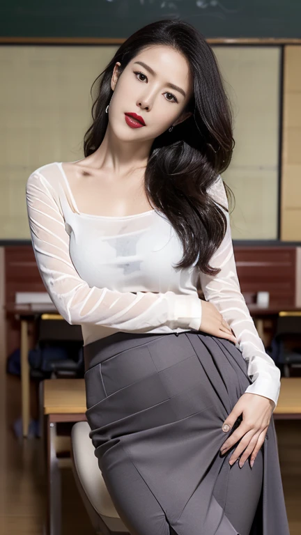 ((One woman, Beauty Secretary: 25-years old, (((white yellow pencil skirt, pantyhose, black blouse unbuttoned))), huge breasts, curvy, thigh high boots, stiletto, Big breasts, Highly Detailed Face and Skin Texture, Detailed Eyes, Double Eyelids, perfect face balance, cute, smile, beautiful studio soft light, rim light, vibrant details, hyper realistic, octane render, detailed beautiful skin, standing , blank empty blue color background