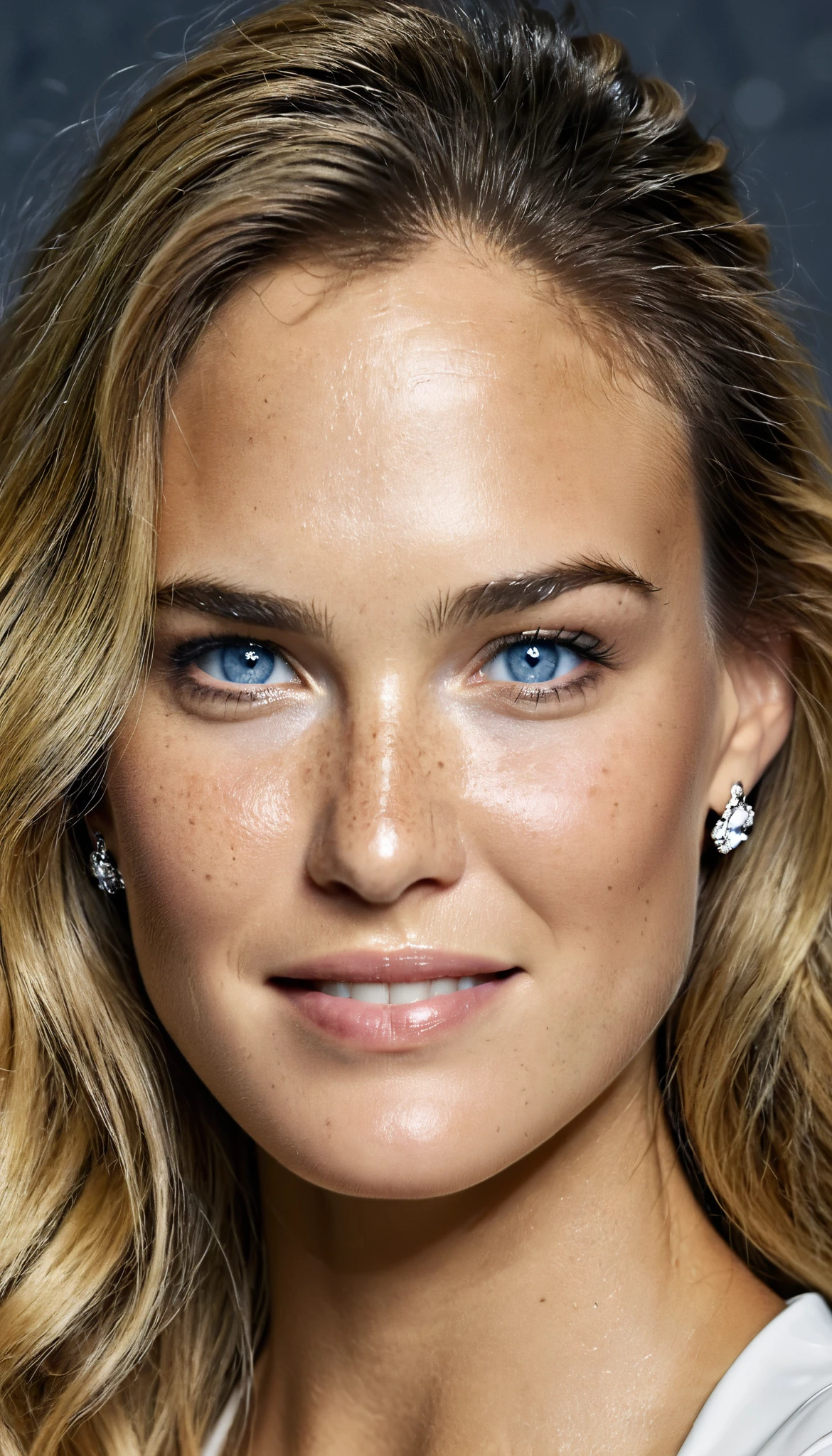 UHD; Photo; Masterpiece; Highly Detailed; Retina; Textured Skin: Best quality; freckles:1.3;sweat:0.3; dreamy blue eyes; long dirty blonde touped hair;perfect teeth;30 Jahre alte Bar Refaeli; supermodel posing;
