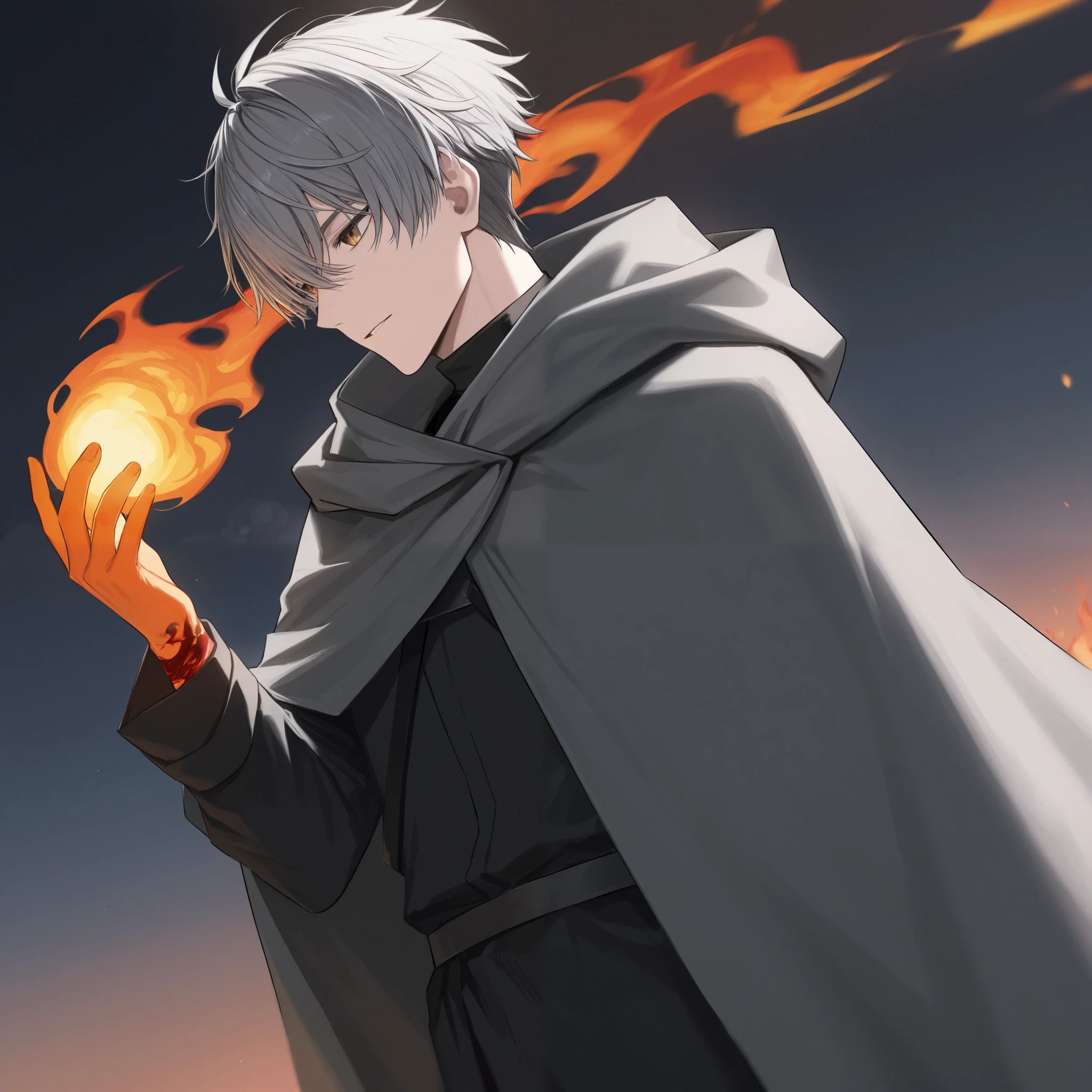 gray cloak,Black clothes, A man with gray hair,Without a left arm, Dealing with a flame without a left arm