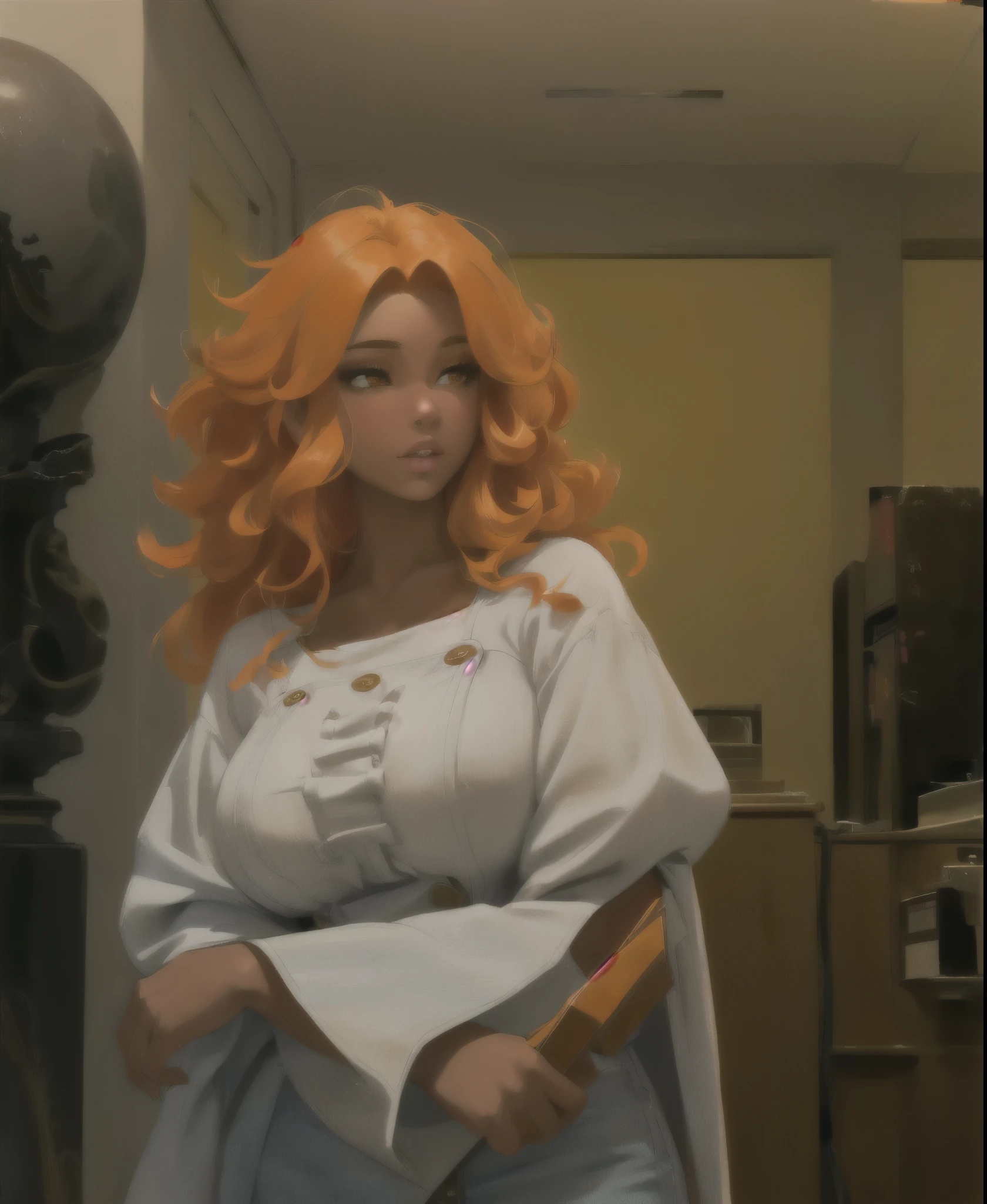 there is a woman with orange hair and a white shirt, inspired by Daphne McClure, 3/4 bust, huell babineaux, really large bust, lizzo, full costume, bust shot, hyperrealistic full figure, inspired by Earle Bergey, orange skin and long fiery hair, chris chan, real life size, wig, large bust