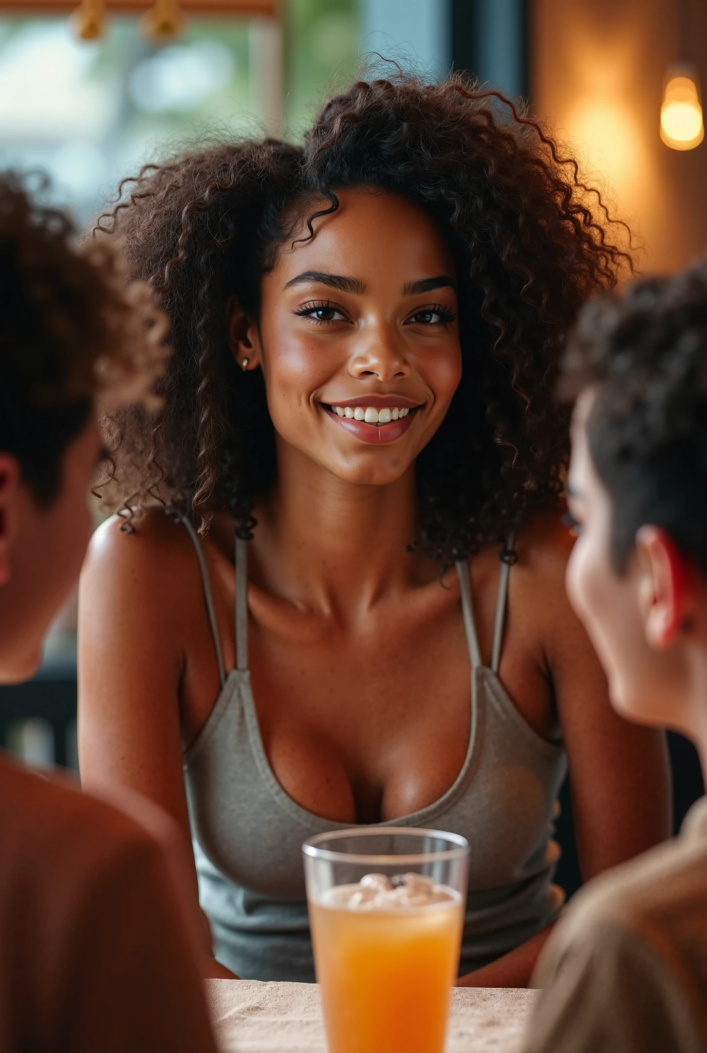 femme metisse, brown skin, fille de 70 kilogrammes,natural wavy SHORT hair , assis dans un restaurant,fermer, SOURIRE, Atmosphère positive,spaghettis,Cola
