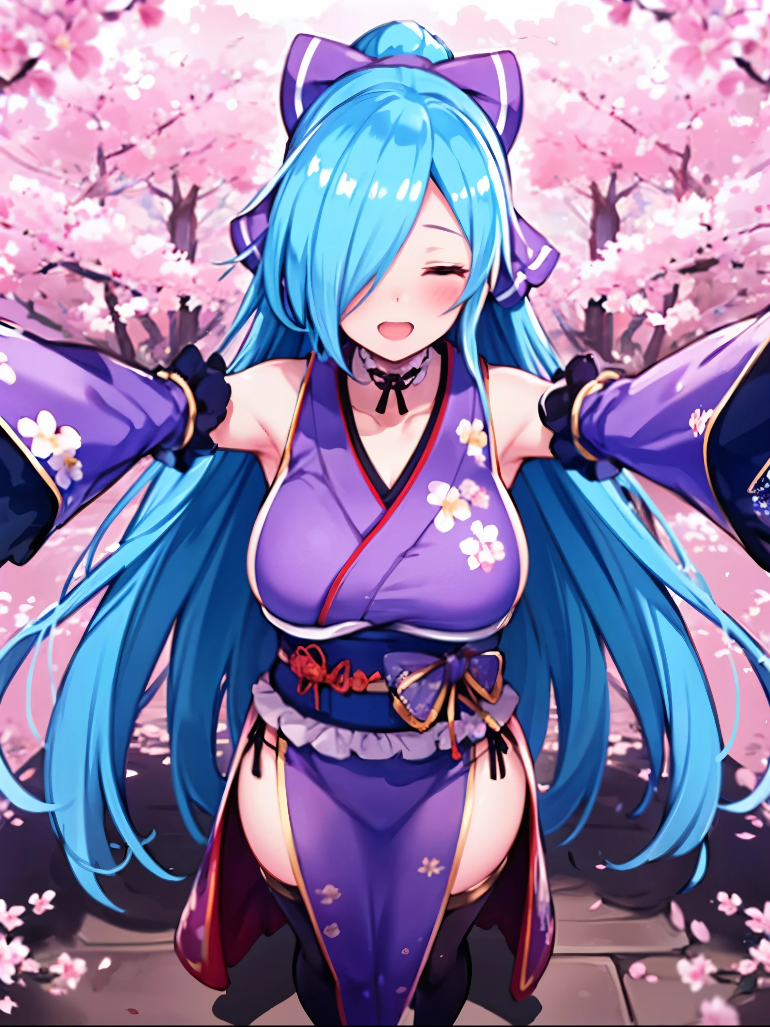 masterpiece, best quality, (1girl, solo),
yamato iori, ung__girl, virtual youtuber, solo, gloves, bow, hair bow, long hair, hair over one eye, thighhighs, blue hair, fingerless gloves, closed_eyes, japanese clothes, full body, detached sleeves, ponytail, looking at viewer, black gloves, very long hair, (heavy&soft_large_breasts:1.4), purple bow, kimono, smile, open mouth, transparent background, standing, sash, obi, purple kimono
blush,cherry blossoms,
( outdoors, forest, upper body, dynamic pose, looking at viewer, ),plump,raise_arms,