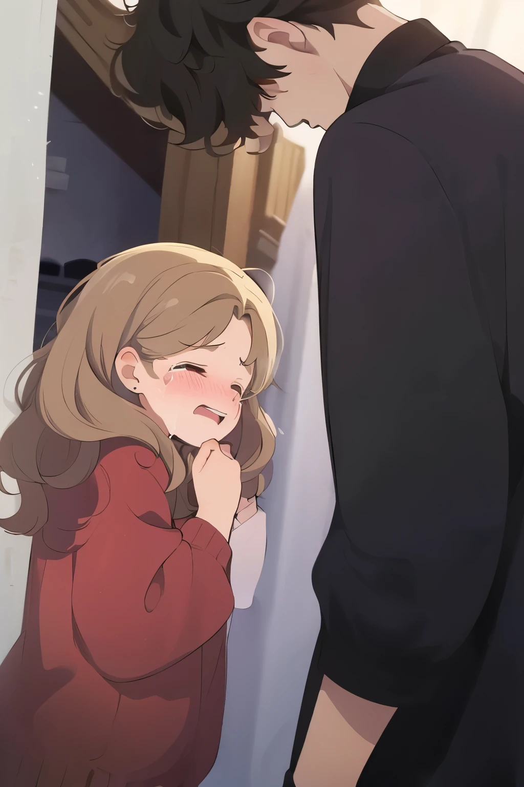 Brown hair eger CRYING hidding from a tall man behind her wilbur soot A TALL 27 YEAR OLD BUT ATTRACTIVE MAN is looking down at her 2 PEOPLE MALE HAS CURLY FLUFFY HAIR
